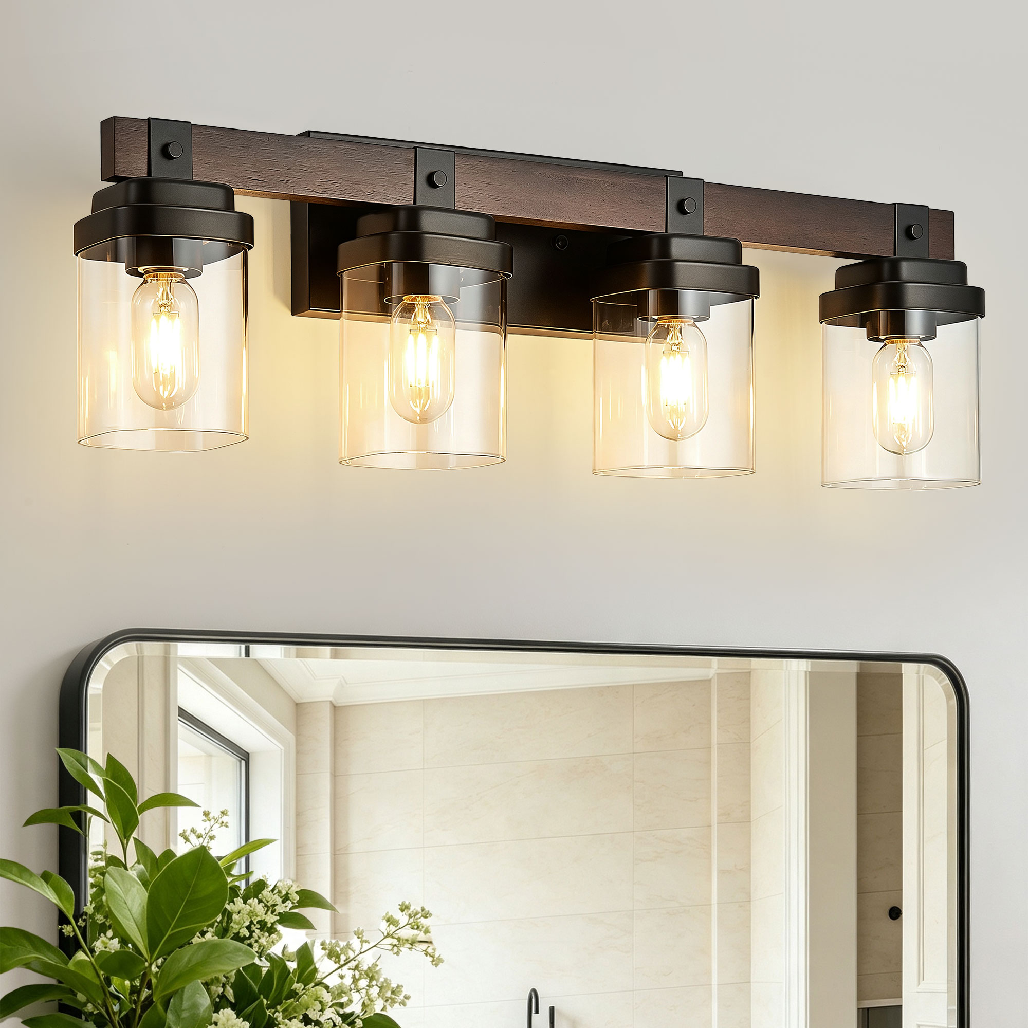 LOBREG  4 Lights Solid Wood and Matte Black Metal Frame Vanity Light with Glass Shades Modern Minimalist Indoor Wall Sconce