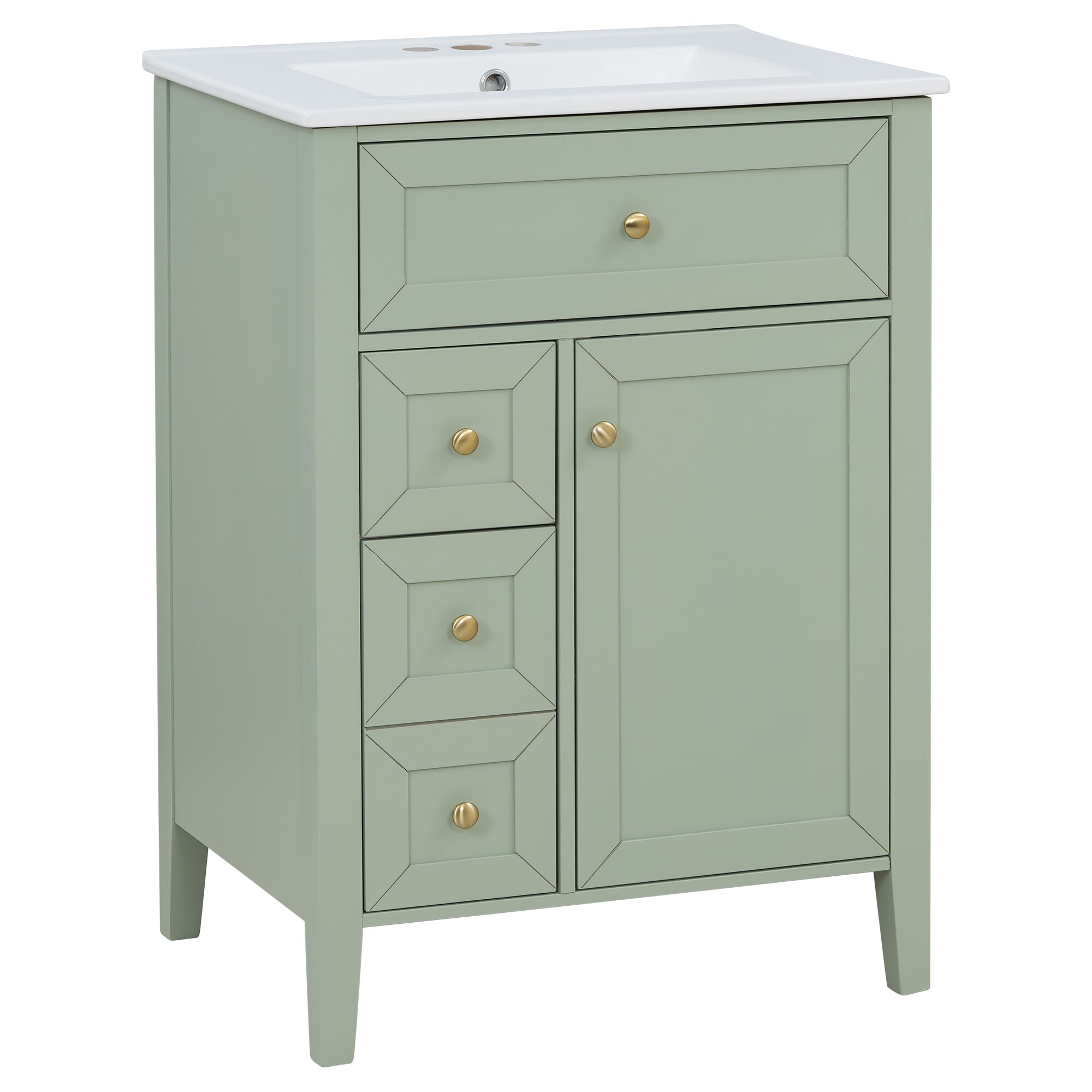 WOQWOQ 24in Bathroom Vanity Sink Ceramic Sink Tip Out Drawer Pull Out Drawers Soft Close Door Storage Rack Solid Wood Legs Light Green