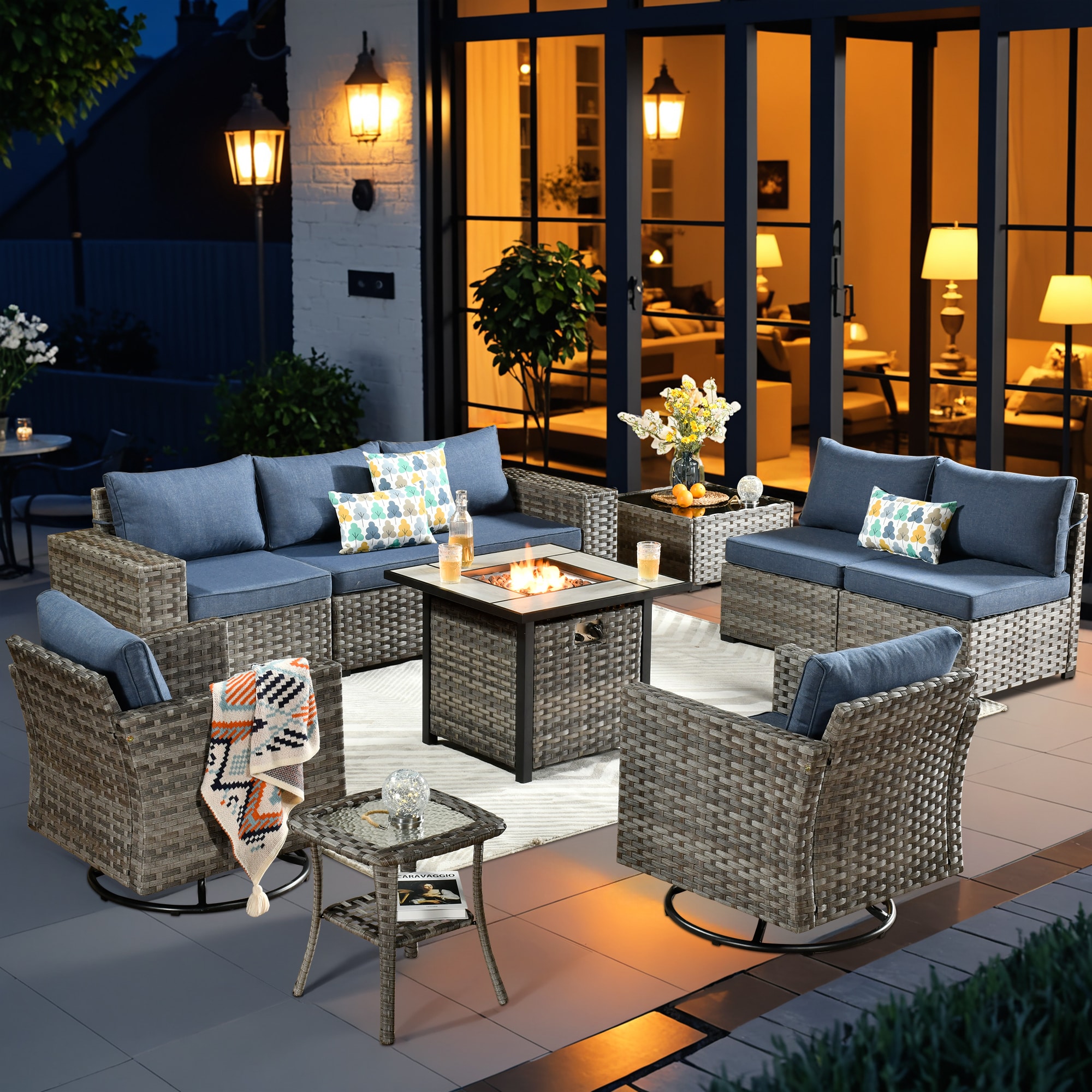 Pouuin SFPYZBBR3-10 Rattan Outdoor Sectional with Blue Cushions and Steel Frame