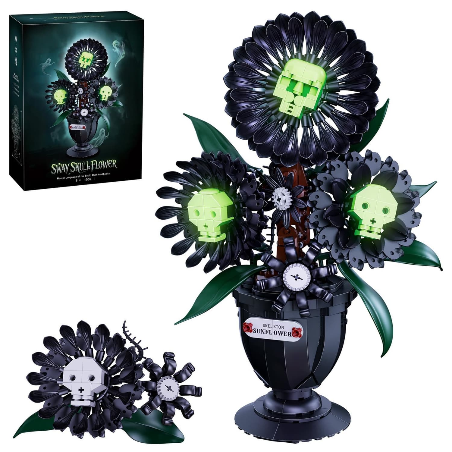 OGETFUUR 848 Pcs Gothic-Building-Kit with Glow-in-the-Dark Skull Sunflower and Mechanical Swaying Vase for Halloween Decor for Home Display with Unique Dark Aesthetics