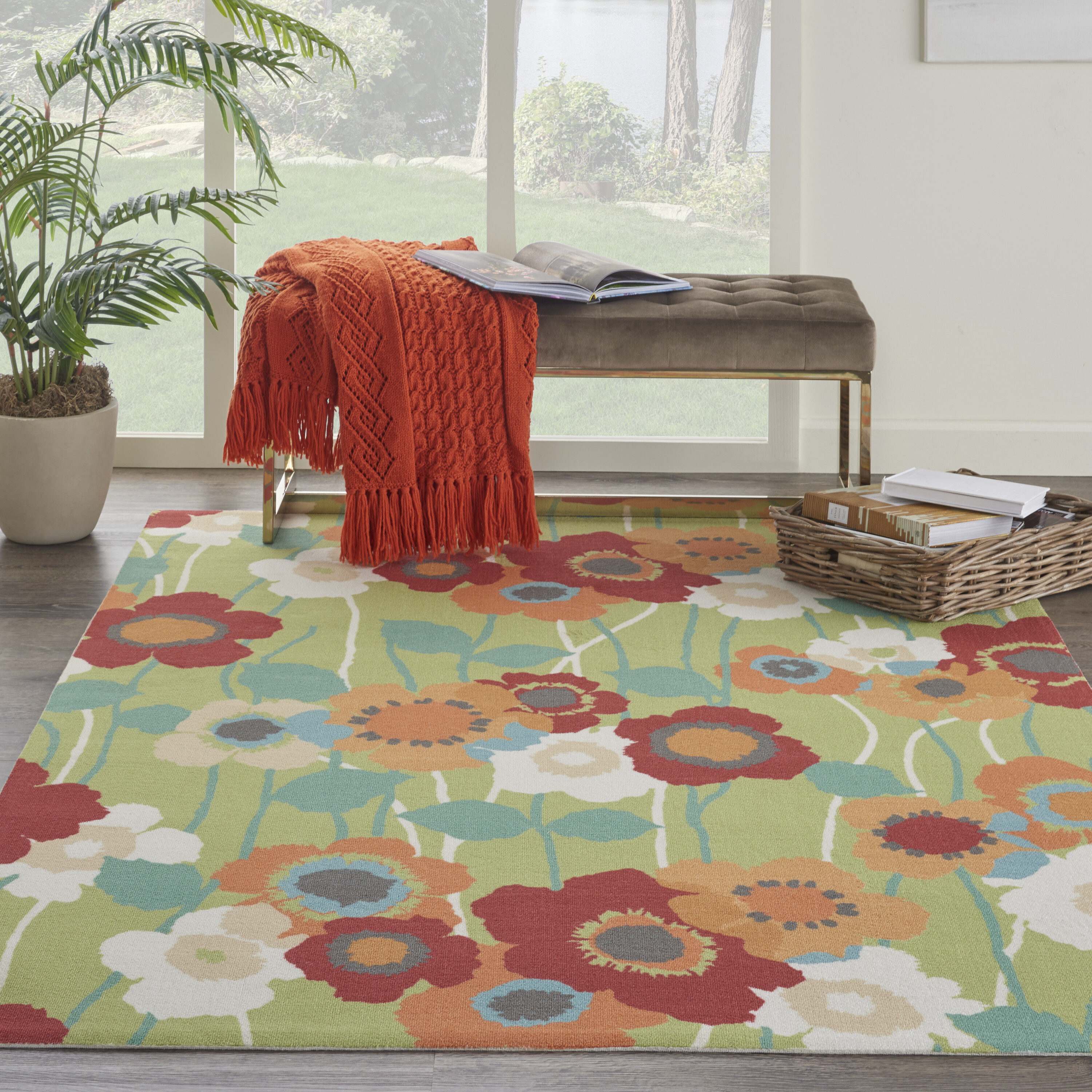 Nourison 99446768629 Sun N' Shade 4 x 6 (ft) Loomed Polyester Seaglass Rectangular Indoor/Outdoor Floral/Botanical Area rug