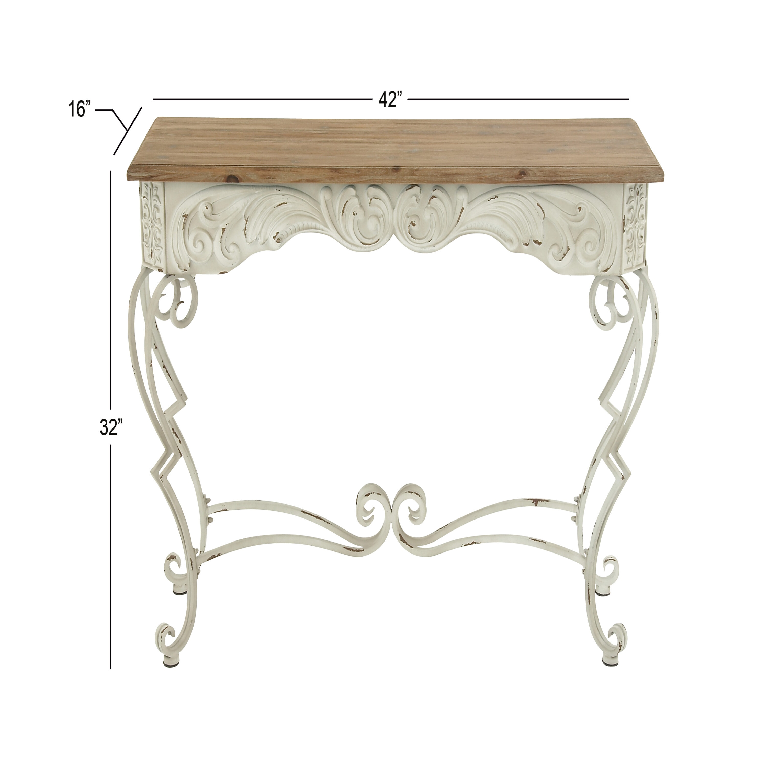 French Provincial White Metal Scroll Console Table with Fir Wood Top