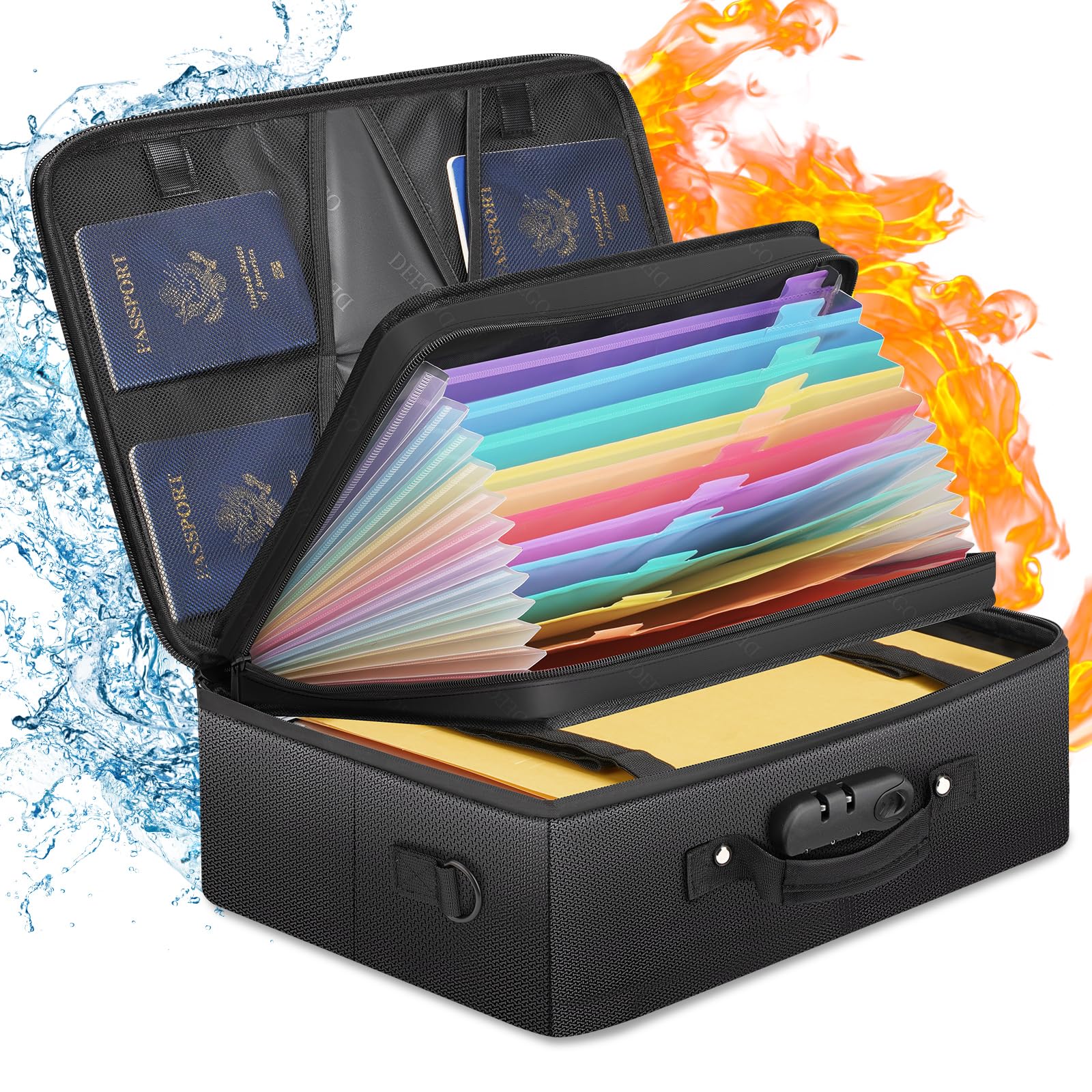 UUDULY  Fireproof Document Organizer with Lock Waterproof File Folder Portable Safe Bag for Important Papers Certificates Passports Office