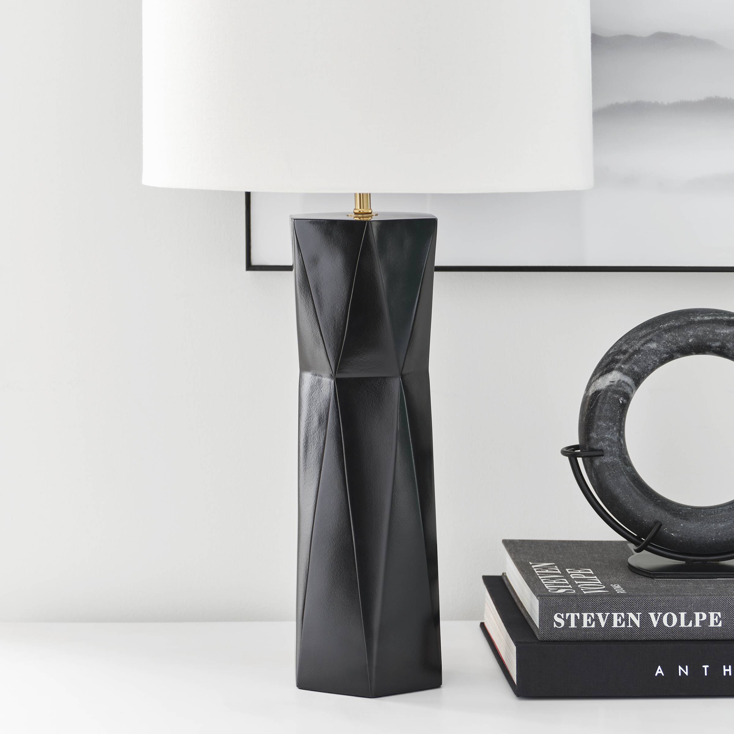 Gloss Black Resin Table Lamp with White Linen Shade