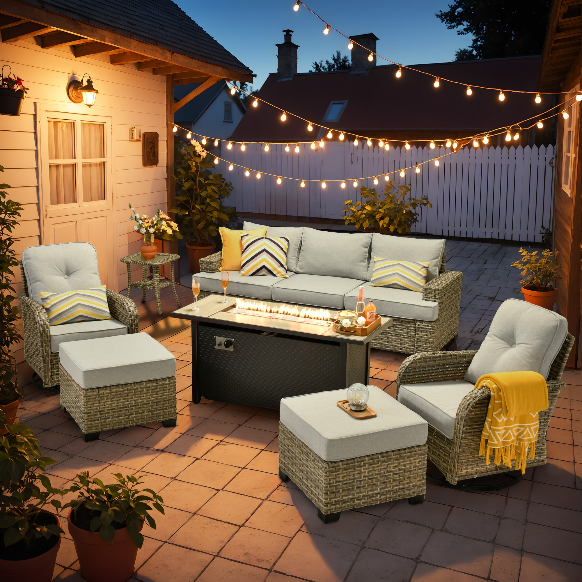 XIZZI XITBS4074-VNCIFP Agate 7 -Piece Rattan Patio Sofa Conversation Set with Light Gray Cushions