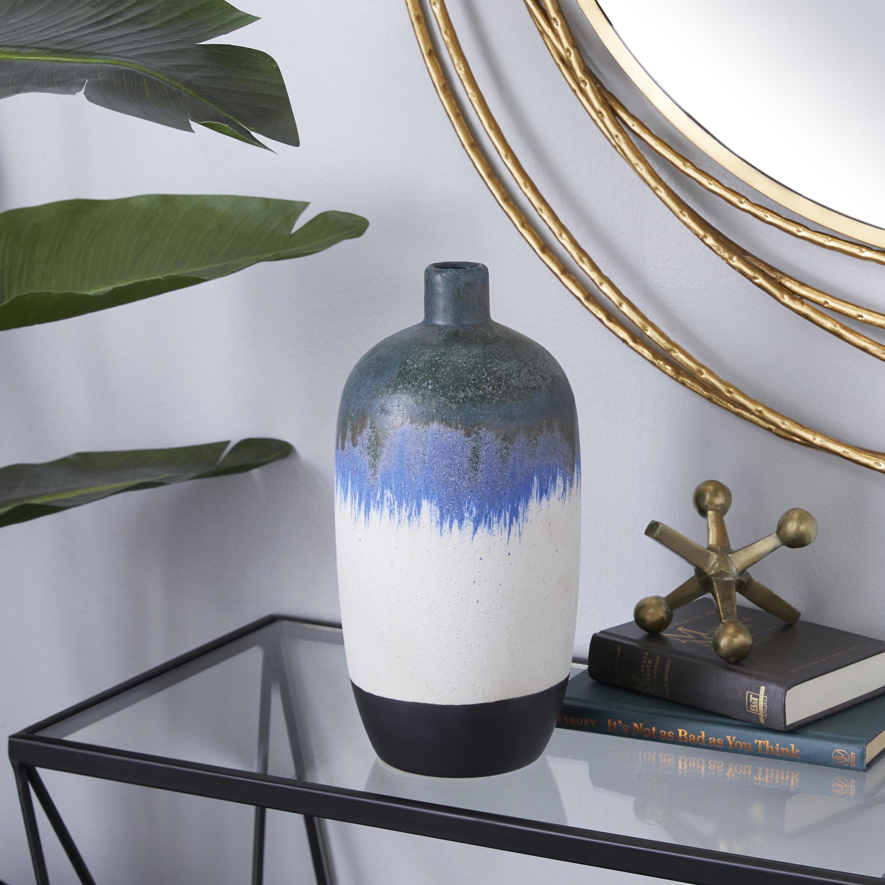 White Ceramic Bud Vase with Abstract Design, 13"