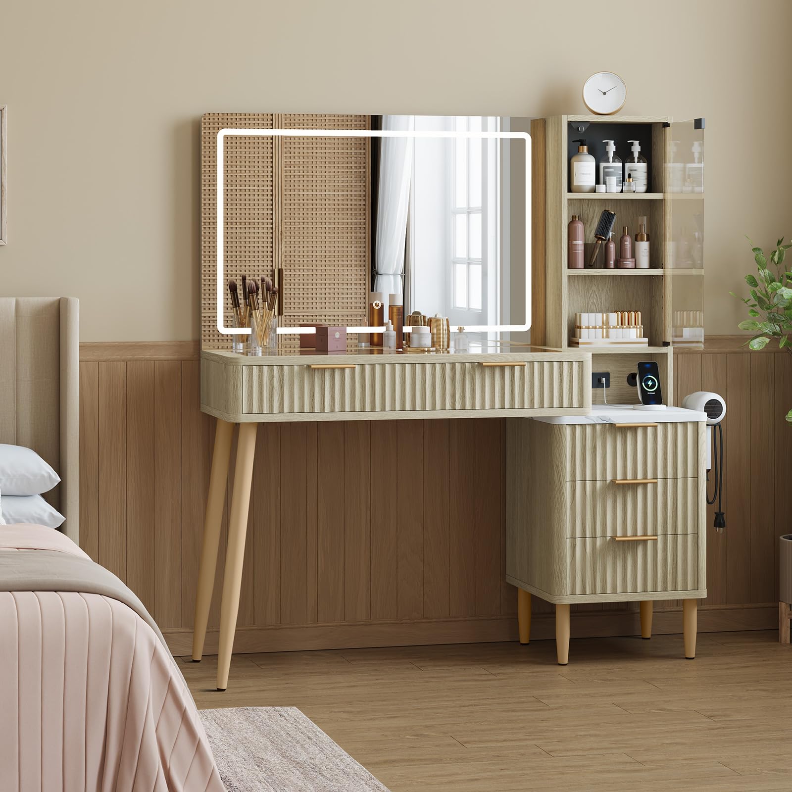 Lumberock HYX-PHK-33Q9TRR5 48 Fluted Vanity Desk with 36 Large Mirror and Lights Modern Wood Makeup Vanity Desk with 5 Drawers Glass Tabletop Charging Station Dressing Table for Bedroom