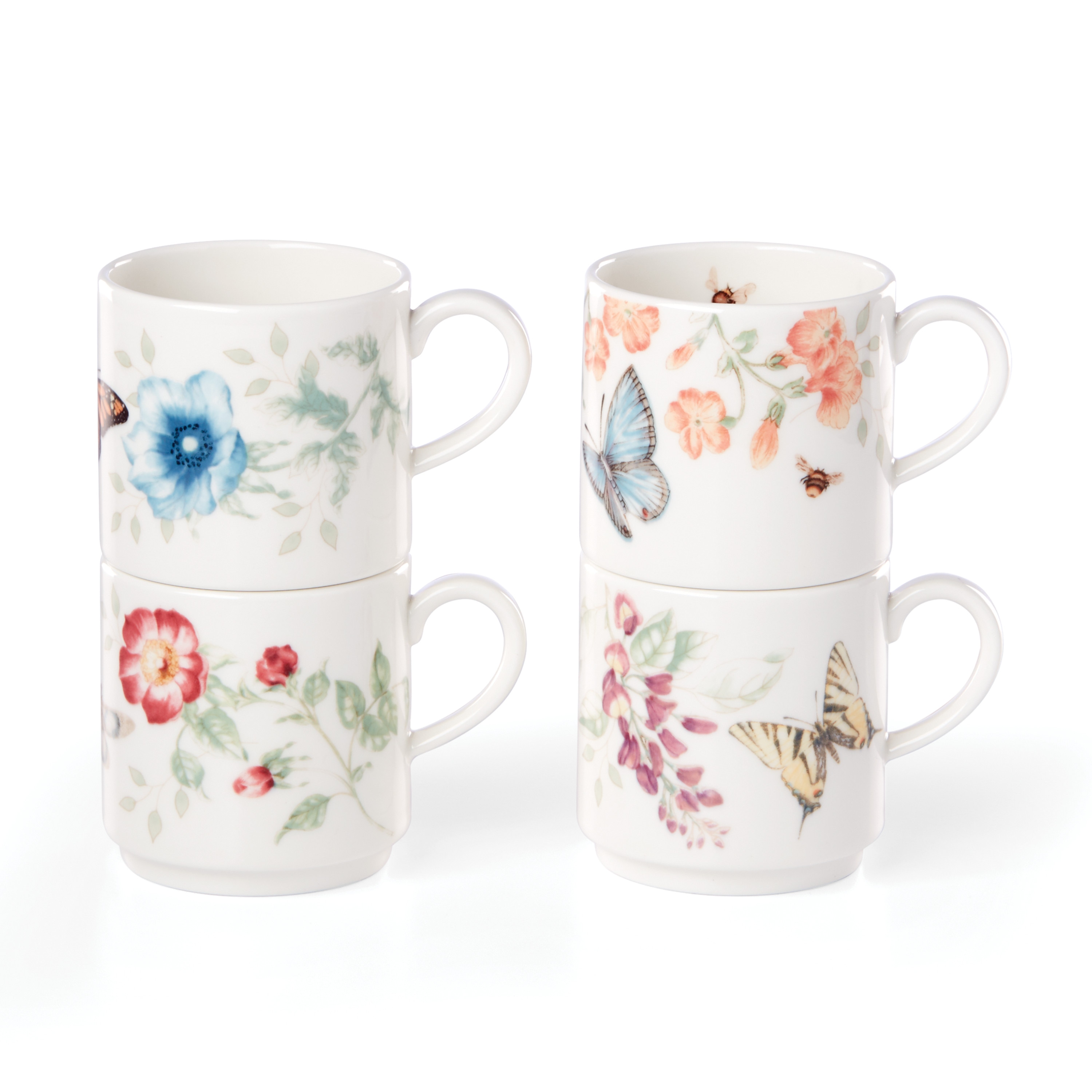 White Ceramic Butterfly and Floral Stacking Mug Set