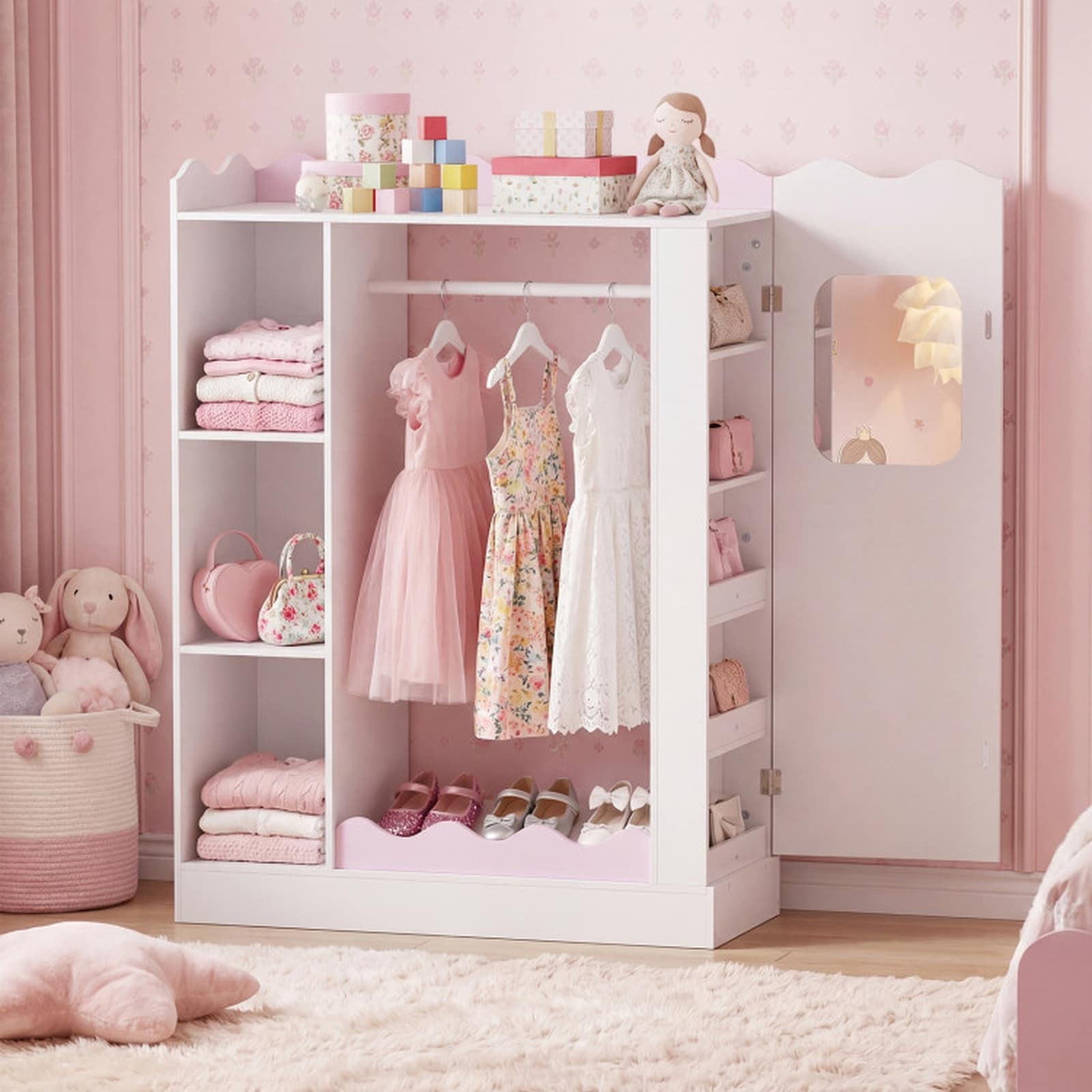 SUGIFT Kids Dress Up Storage 46.5-in with Full Length Mirror Vanity Mirror 3 Cubes Hanging Rack and Anti-Tip Kits - Pink