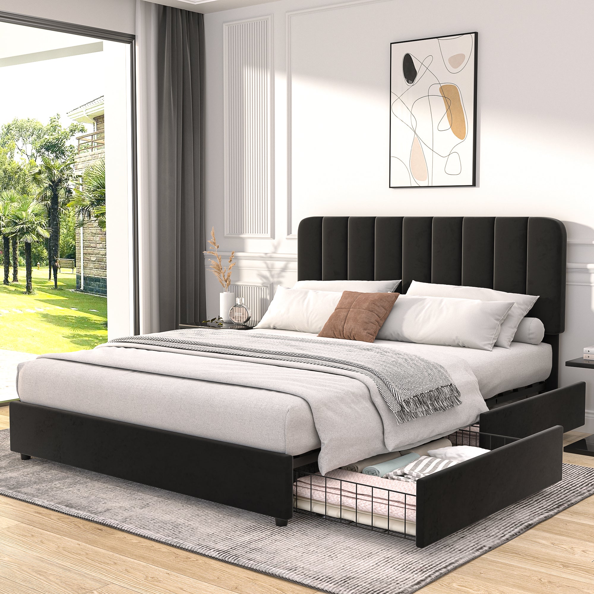 Vecelo LOE-CY-FB01-UP-BLK Full Size Upholstered Bed Frame with 4 Drawers and Velvet Headboard  Platform Storage Bed Frame Wooden Slats Support Black