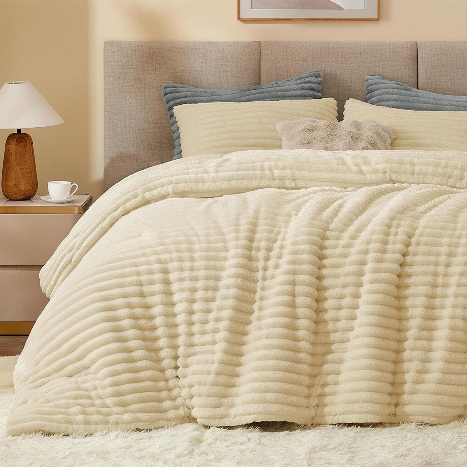 OMOMMD Twin Queen Fleece Comforter Set Soft Warm Fluffy Bedding with 2 Pillow Cases