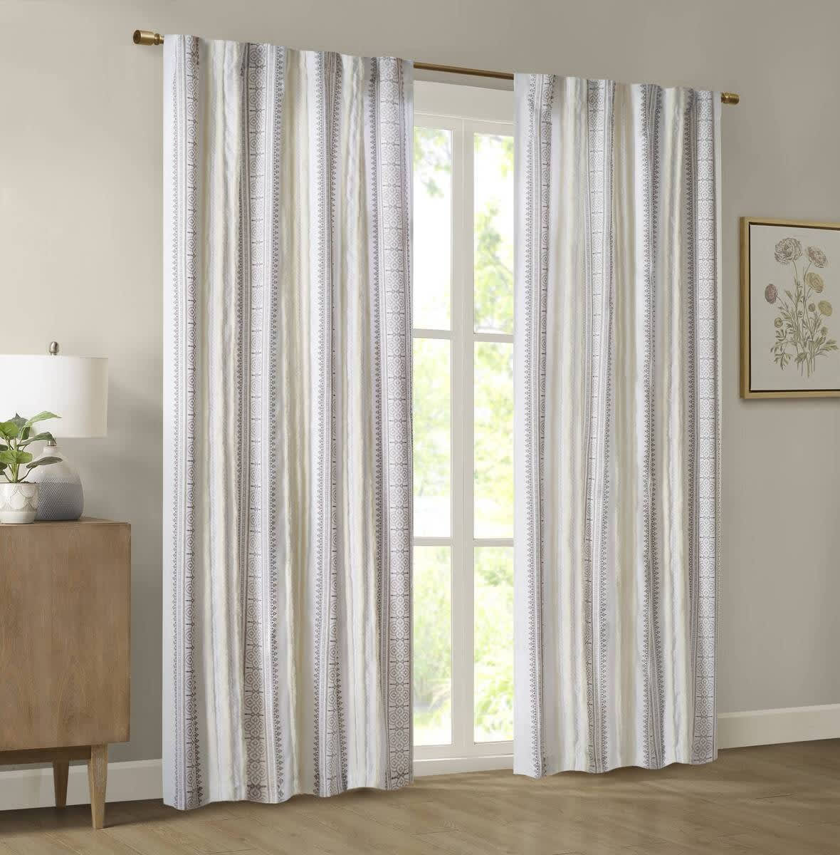 Rbied NDLJ-54 Poly Printed Curtain Panel with Tufted Stripe and Lining White Brown 50x95in Multicolor