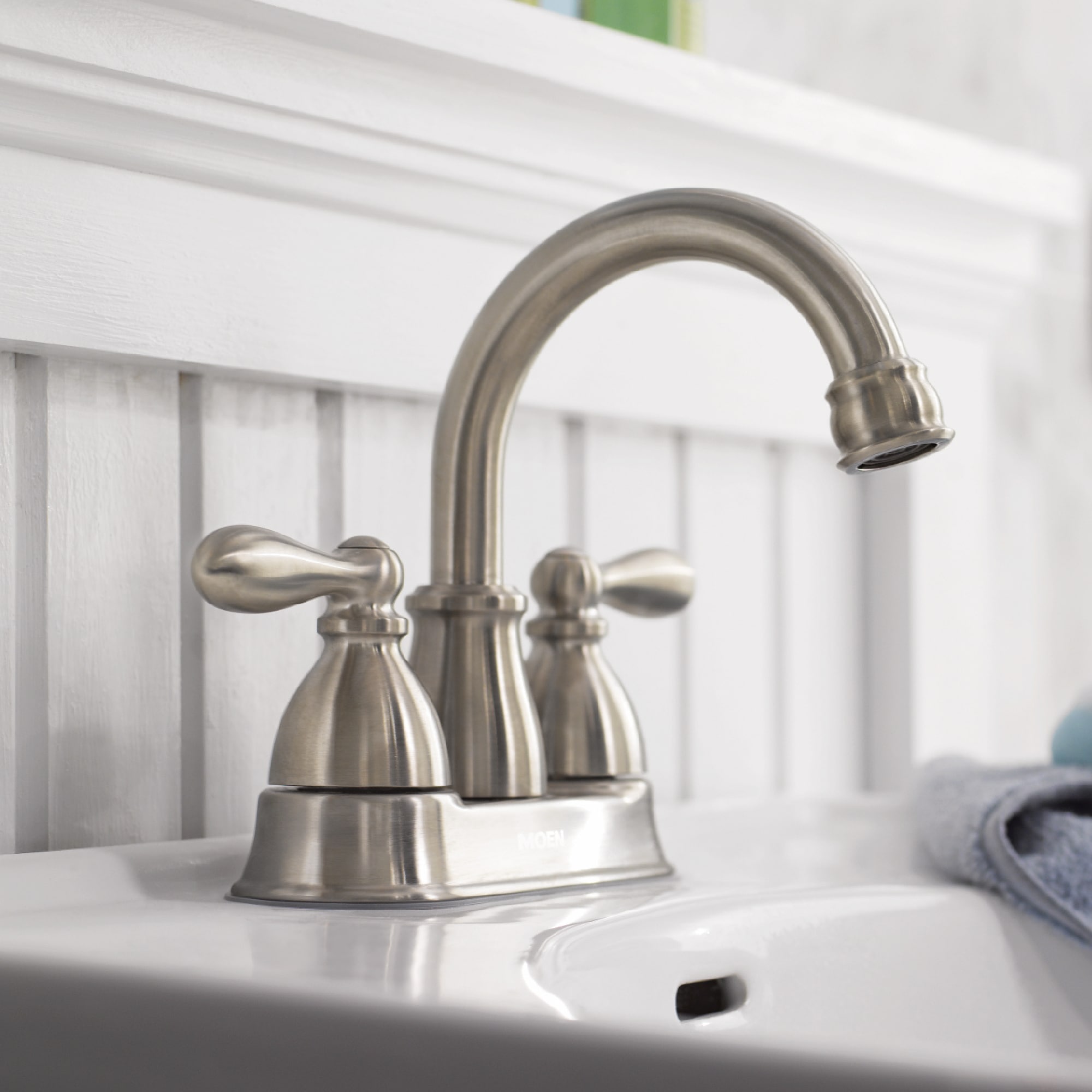Moen WS84667SRN Caldwell Spot Resist Brushed Nickel 4-in centerset 2-handle WaterSense High-arc Commercial/Residential Handle Bathroom Sink Faucet with Drain