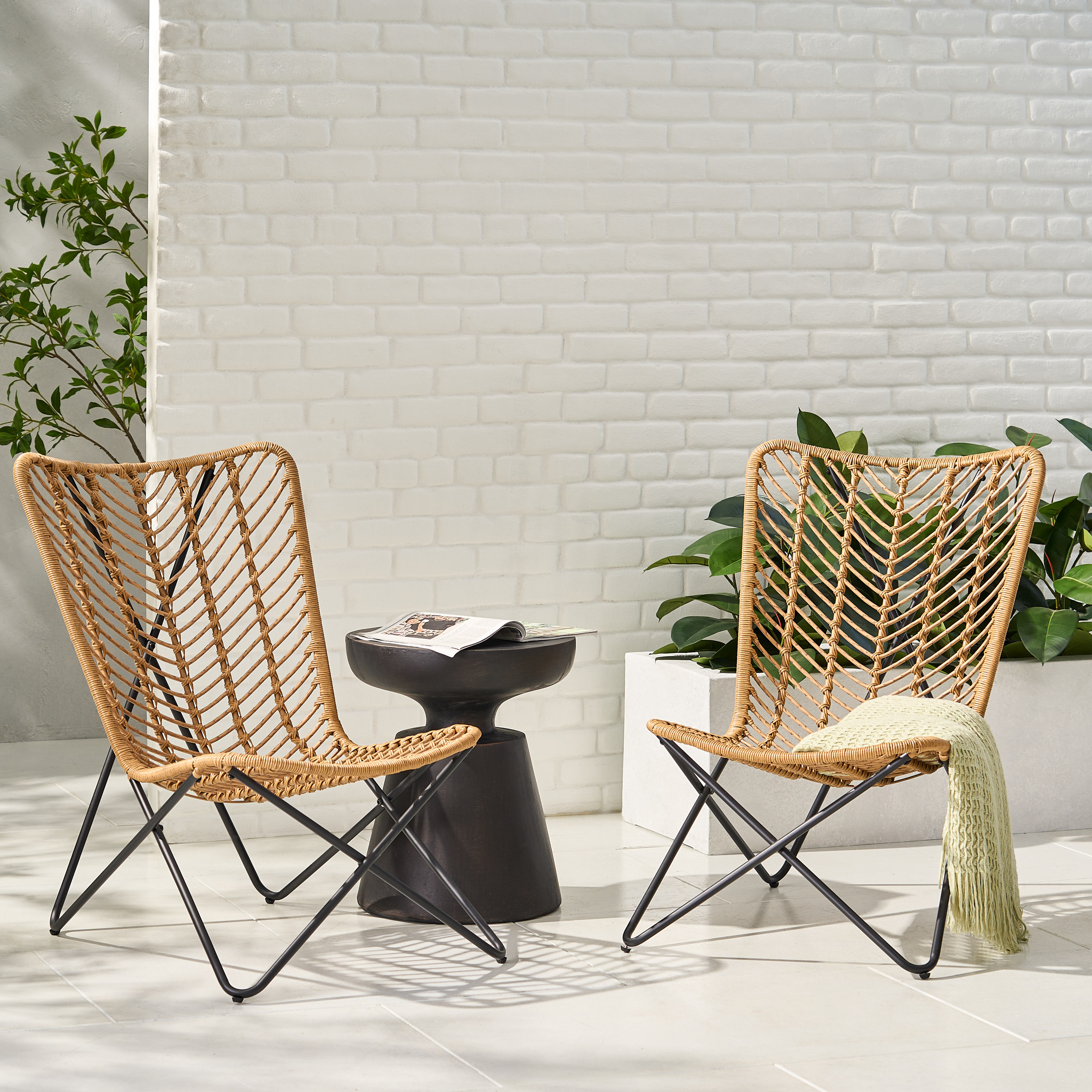ModernLuxe L-70650.00LBRN GATLIN CHAIR Set of 2 Light Brown Rattan Frame Stationary Conversation Chair with Woven Seat