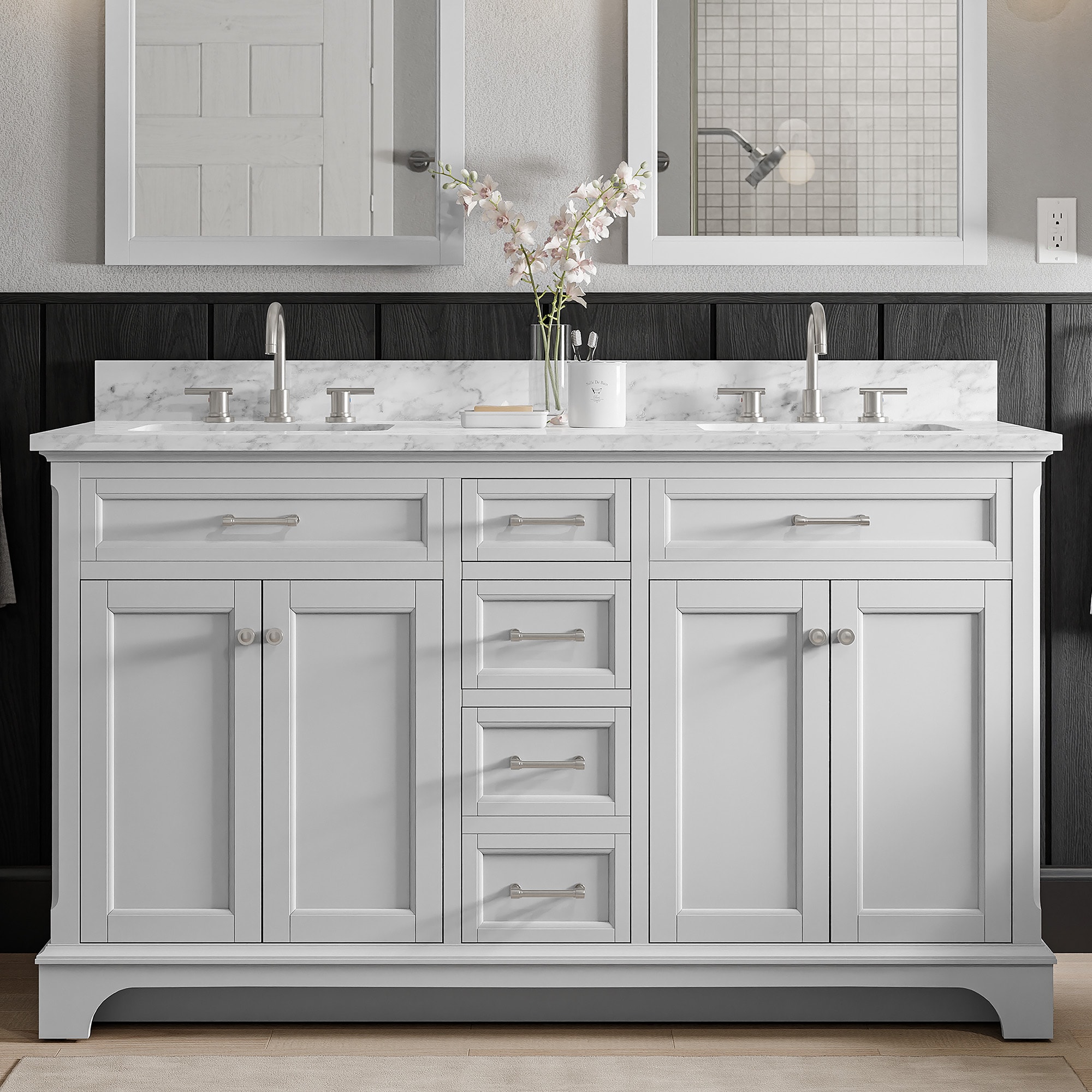 Roveland 60-in Light Gray Undermount Double Sink Bathroom Vanity with Natural Carrara Marble Top | - allen + roth 2026VA-60-242-900L