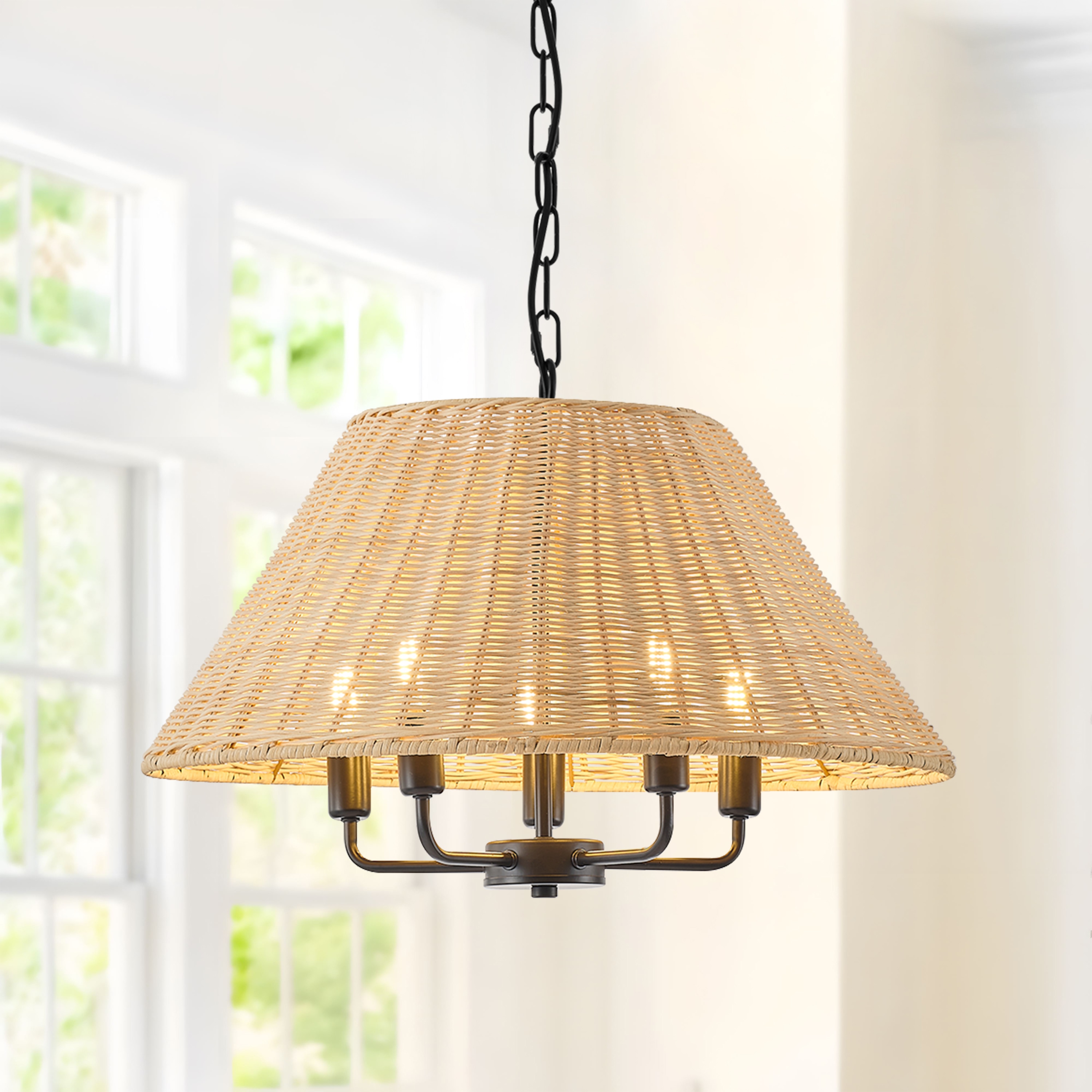 GoYeel - 5 -Light Black Bohemian/global Rattan Drum Hanging Pendant Light