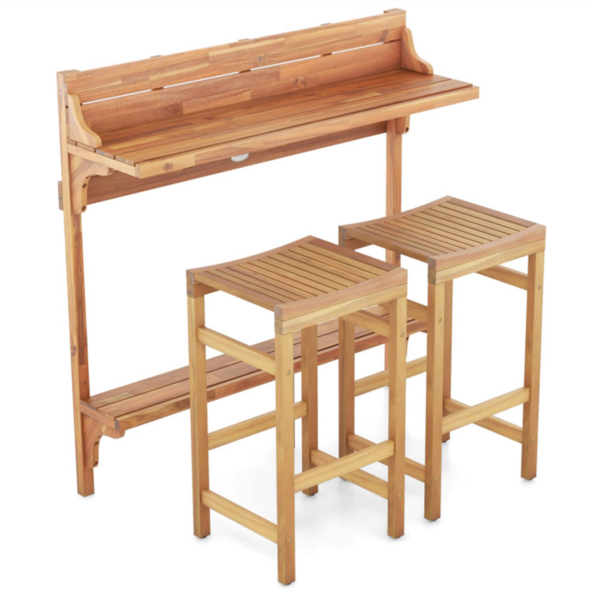 BABOOM BOM-HW72357-CO Patio Bar Set 3 -Piece Natural Patio Dining Set Wood Rectangle Table with 2 Stationary Chairs