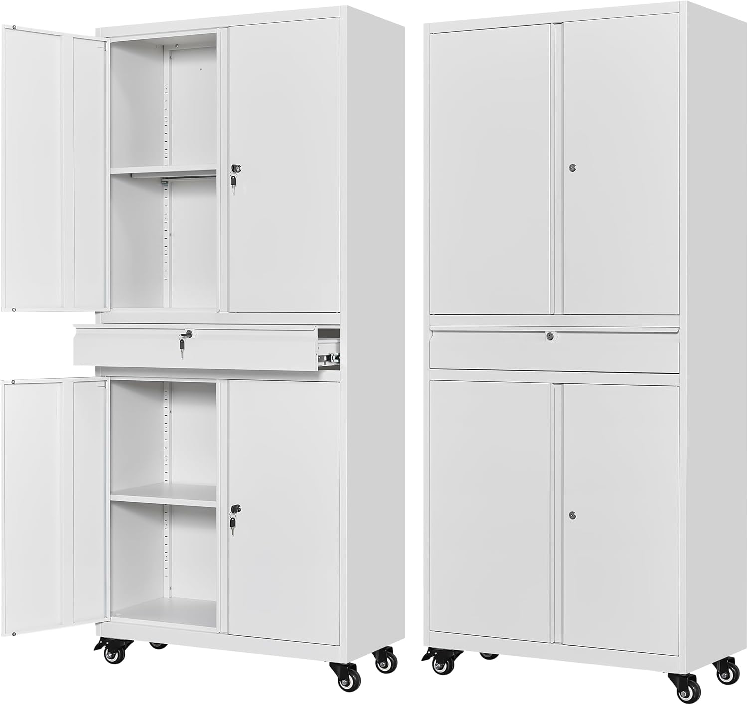 Letaya  Metal Garage Storage Cabinet with Wheels Rolling Tool Cabinet with 4 Door Lock-Adjustable Shelves and 1 Drawer for Garage Home Office Utility Room White-Wheels