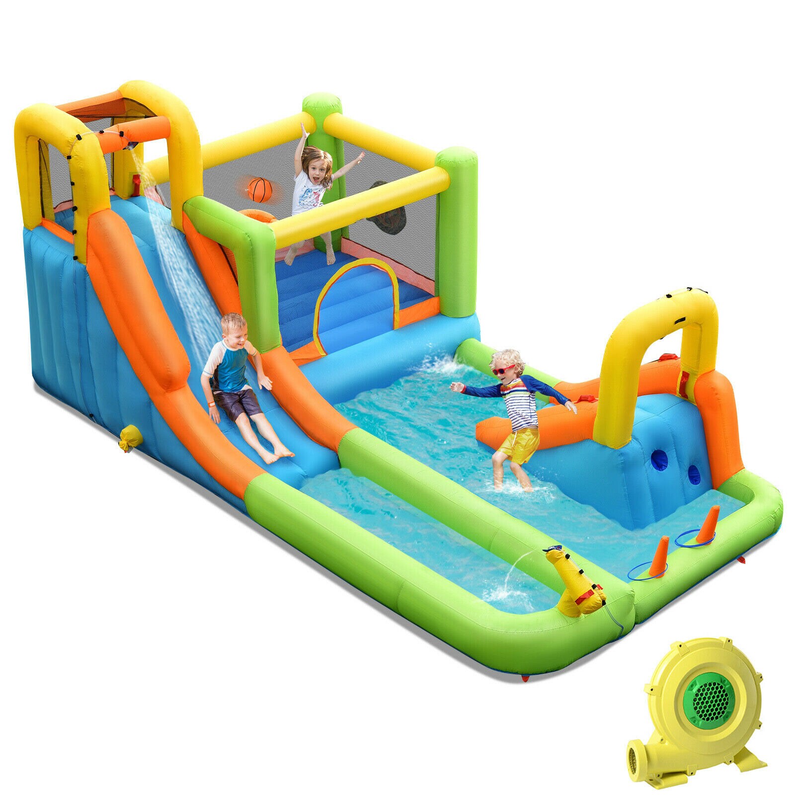 Slickblue D-CO-46907PO 198 Depth – 420D+840D Oxford Cloth – 8-in-1 Inflatable Water Park with Slides – Backyard