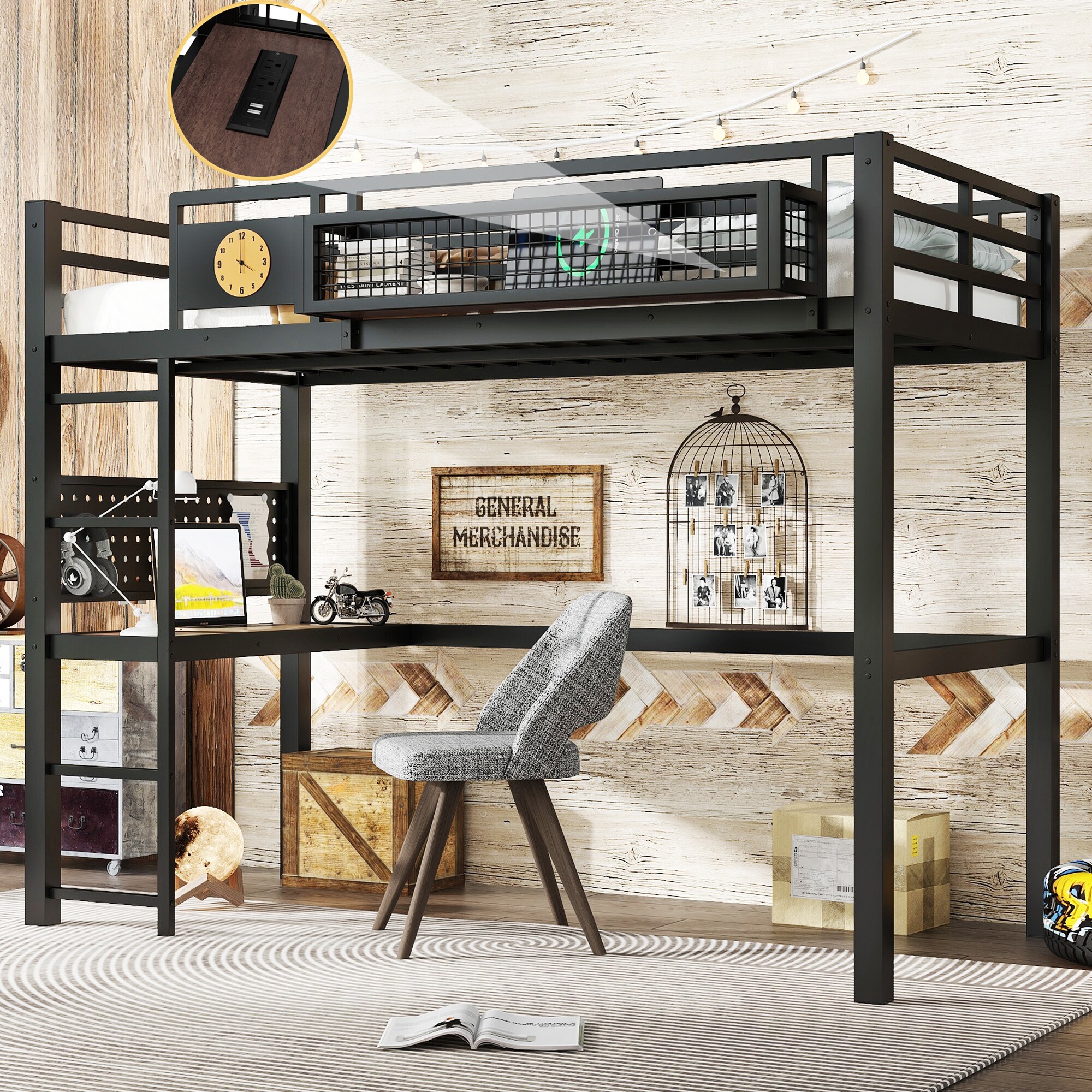 Bellemave Twin XL Size Loft Bed Frame with Desk Storage Basket and Charging Port Metal Loft Bed with Clock and Pegboard Noise-free and No Box Spring Needed Chic Design Black