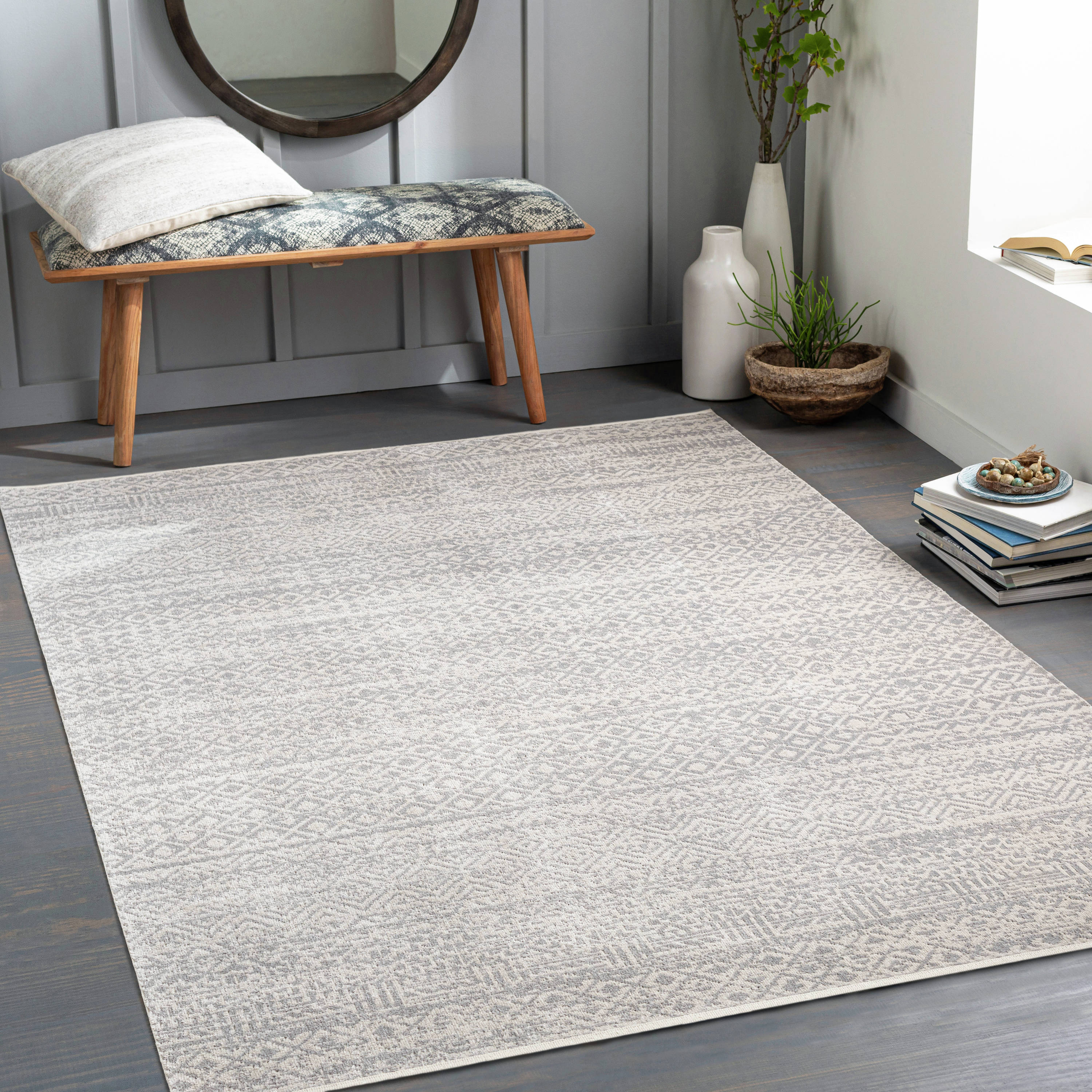 Livabliss LVR2319-679 Lavadora 7 x 9 (ft) Polyester Light Grey Rectangular Indoor Tribal Global Machine washable Area rug