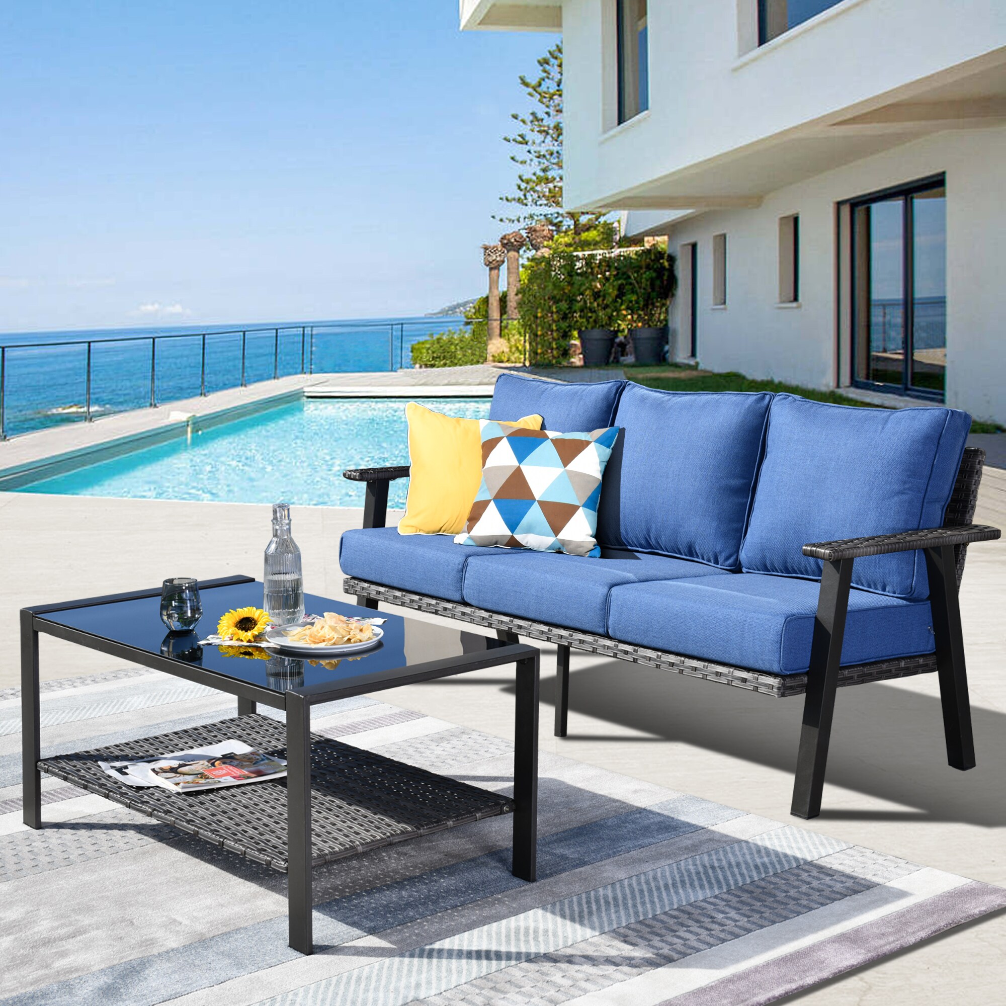 Pouuin SHW50T05A Hw Rattan Outdoor Sofa with Blue Cushions and Steel Frame