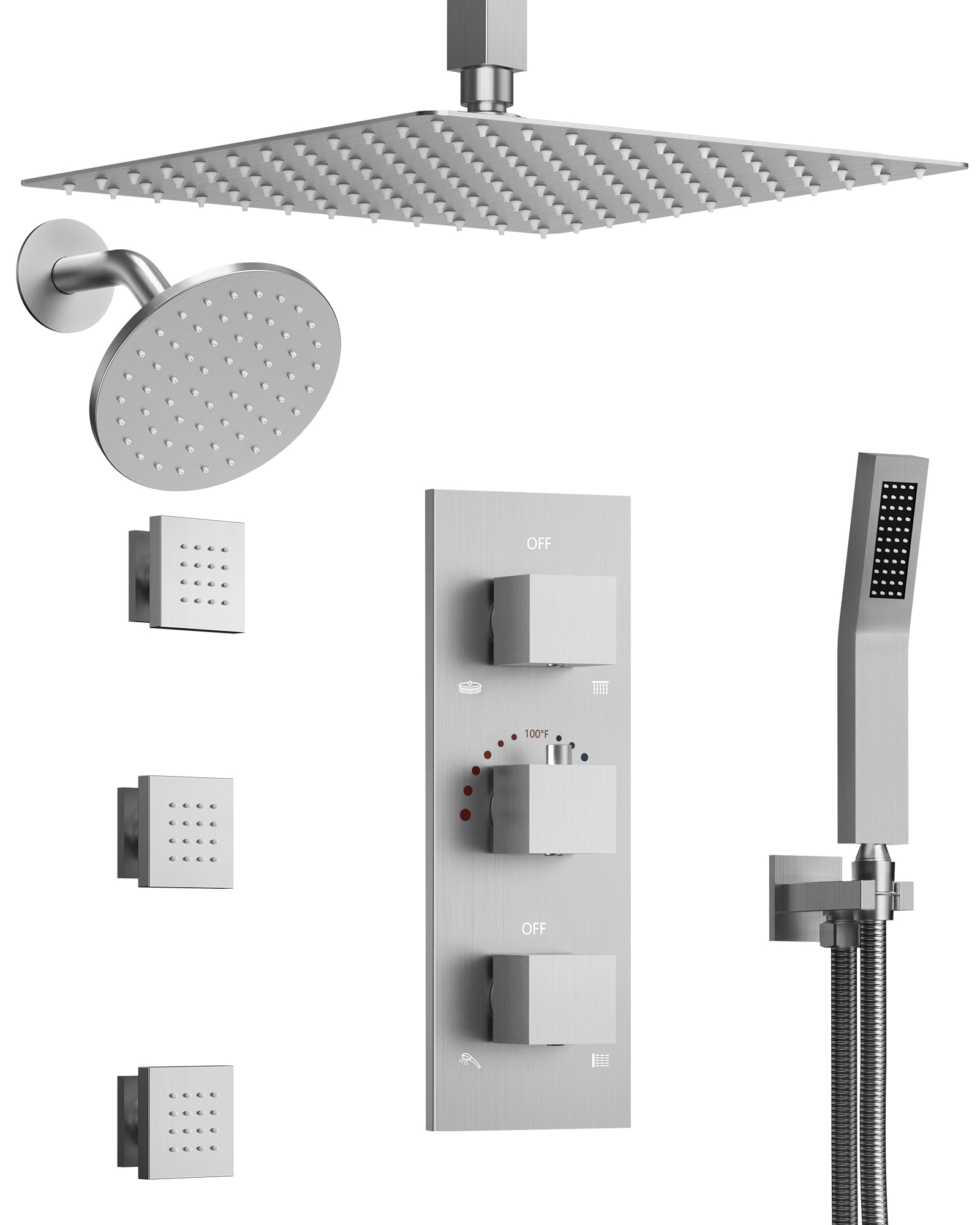 GRANDJOY SFS-1067-NK12 ZenithRain Brushed Nickel 12-in Dual Head Built-In Shower Faucet System with 2-way Diverter ( Thermostatic Valve Included )