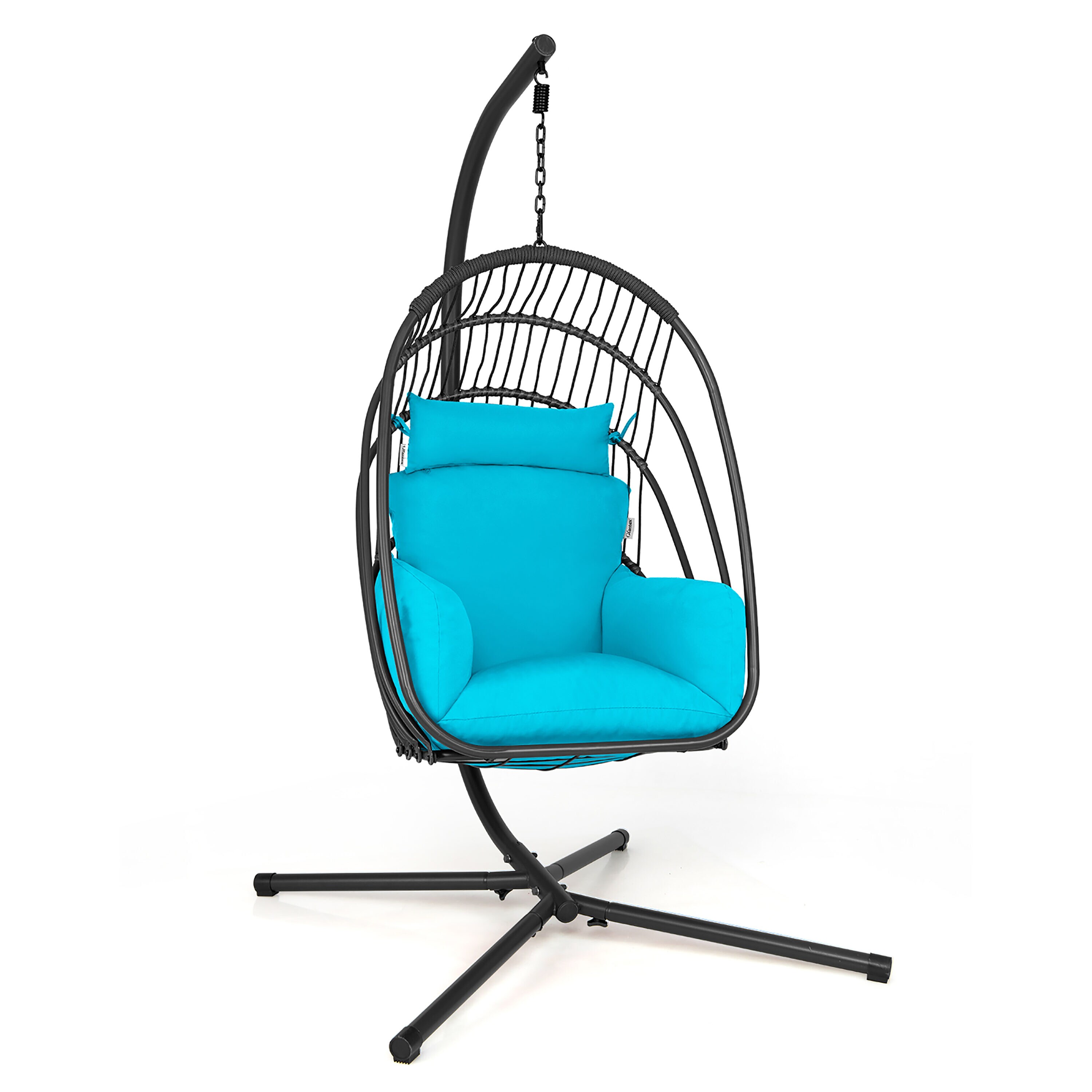 Costway NP10351TU Black Steel Frame Swivel Egg Chair with Blue Sling Seat
