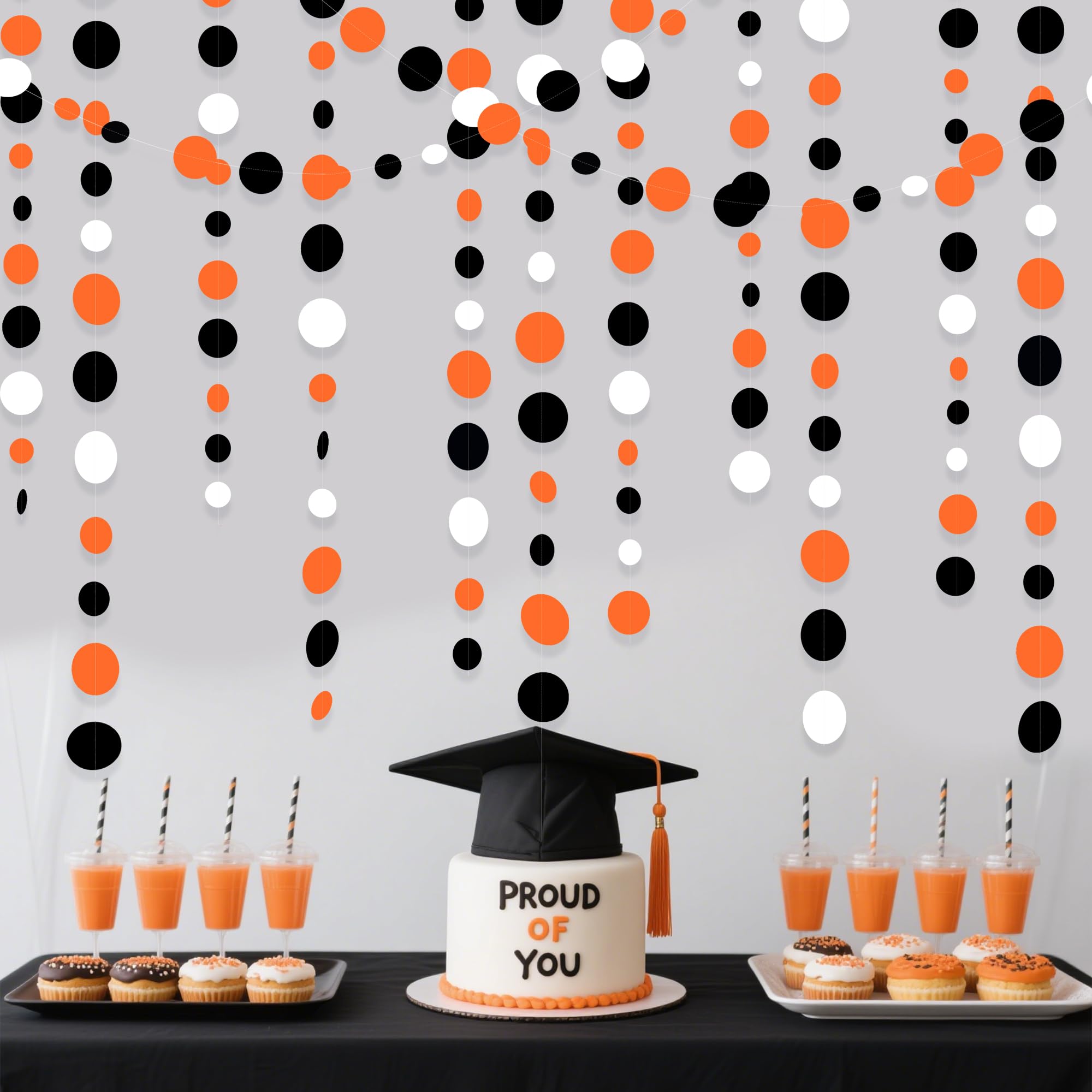 Linder Group Inc 46Ft orange black white circle dot garland Set paper streamer for Halloween Thanksgiving fall autumn birthday wedding baby shower party