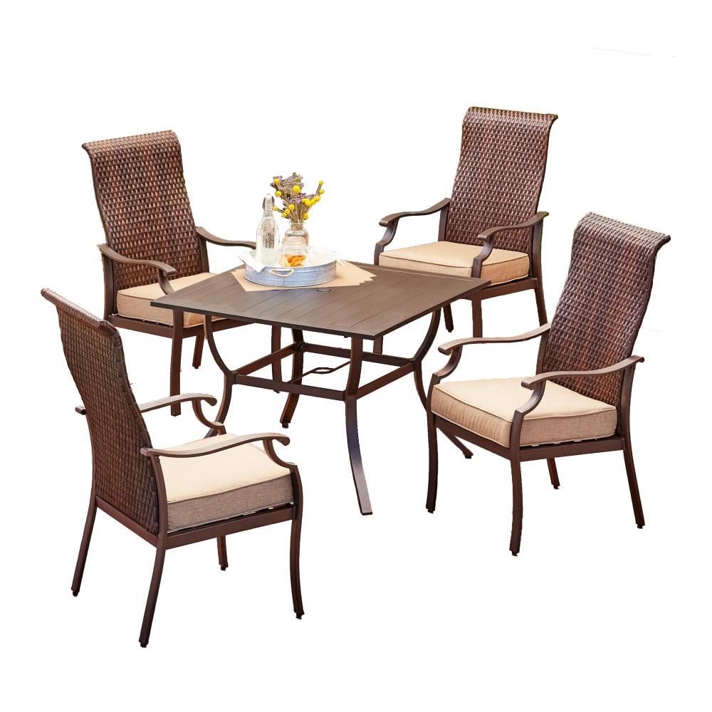 Royal Garden ROVDST501 Roberts Park 5 -Piece Brown Wicker Patio Dining Set Aluminum Square Table with 4 Tan Cushions Stationary Chairs