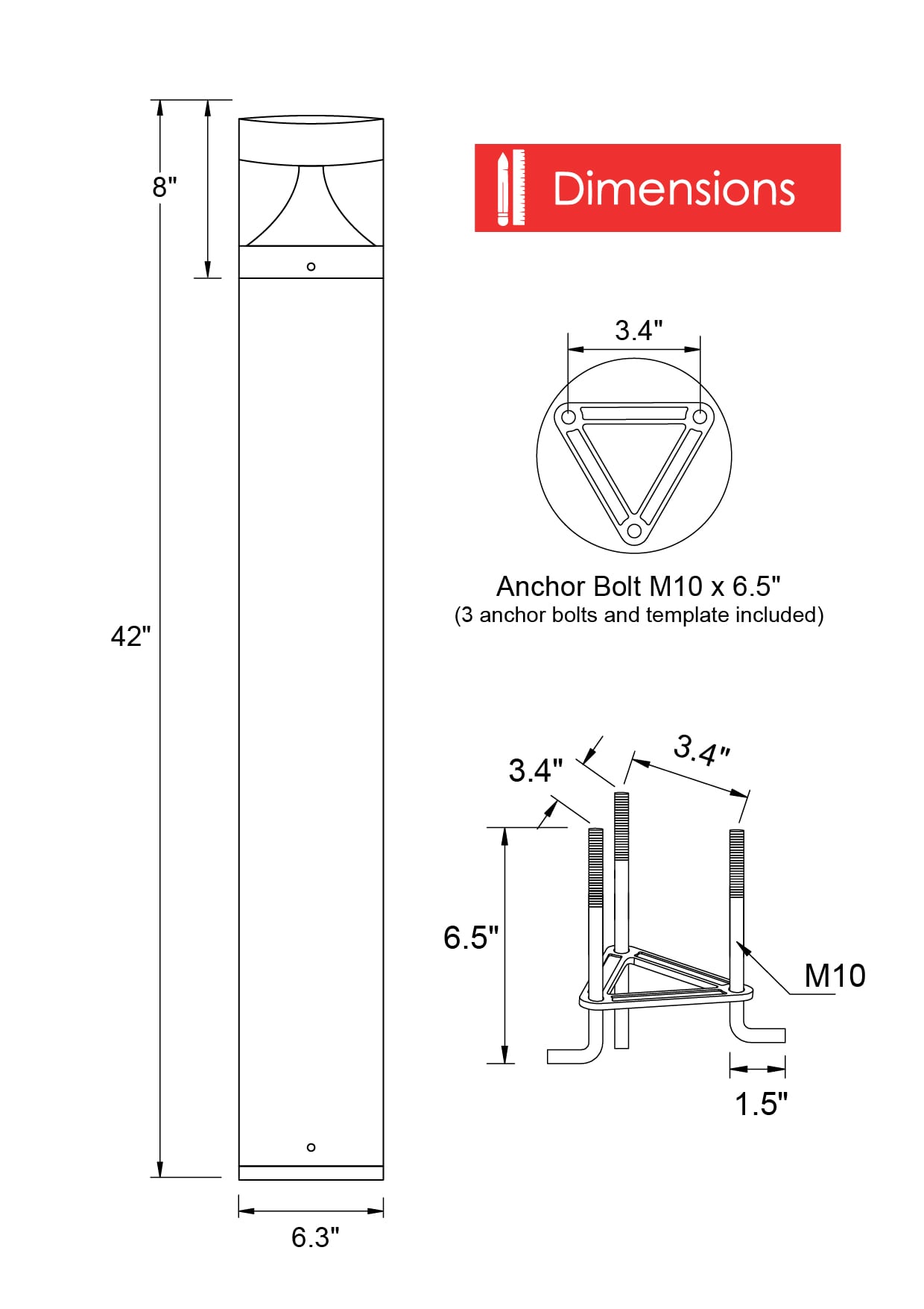 Black Aluminum LED Pathway Bollard Light with Clear Lens