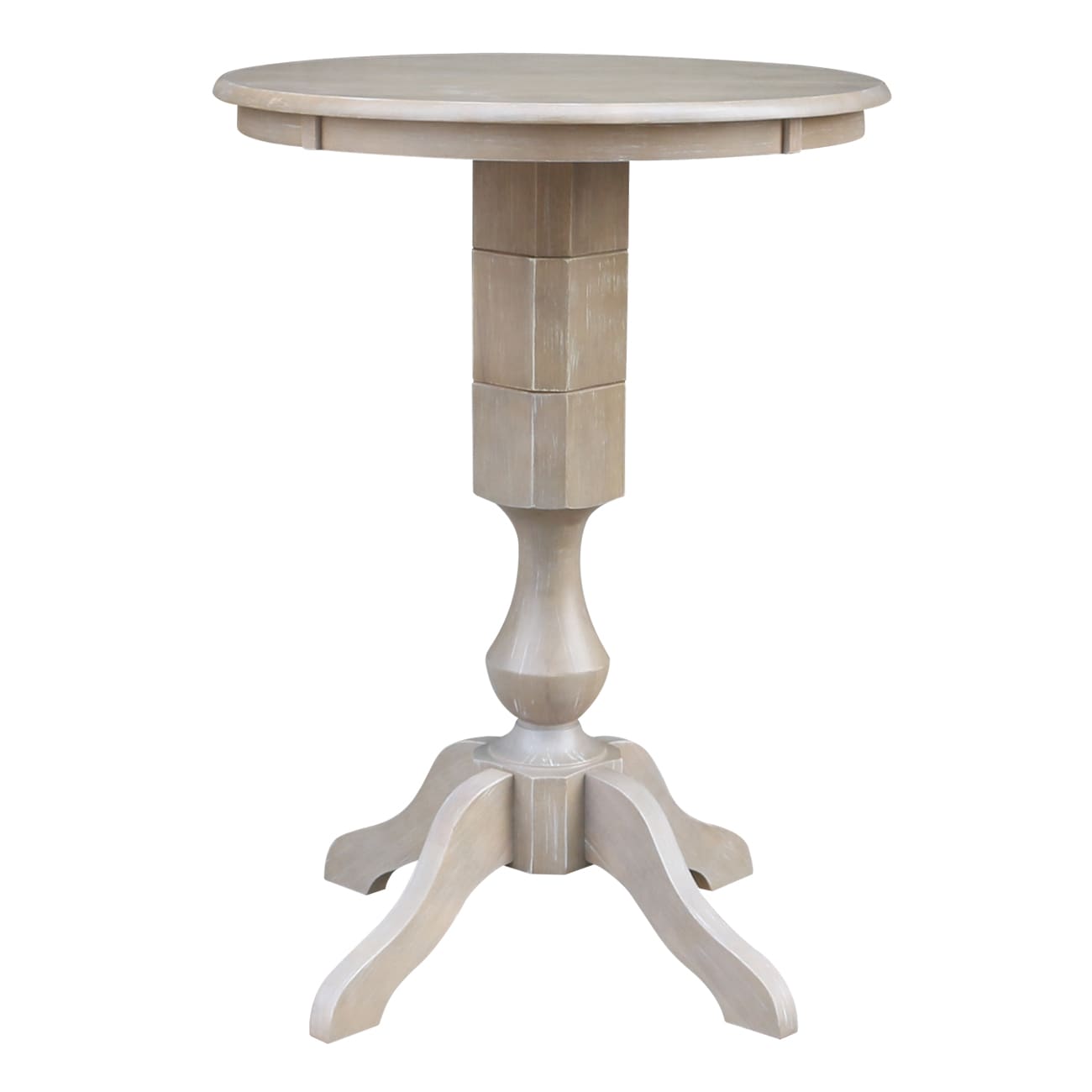 International Concepts K09-30RT-11P-2 Washed Gray Taupe Round Traditional Bar Table, Wood with Washed Gray Taupe Wood Pedestal Base 30-in L x 40.9-in H