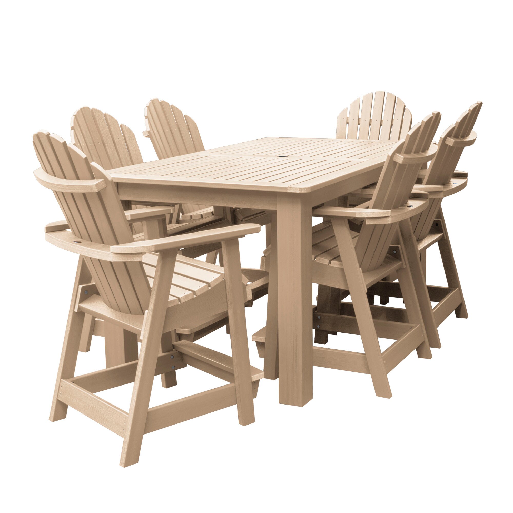 highwood AD-ST7HM2CO4BA-TAU The Adirondack 7-Piece Tan Bar Height Patio Dining Set Plastic Rectangle Table with 6 Stationary Chairs