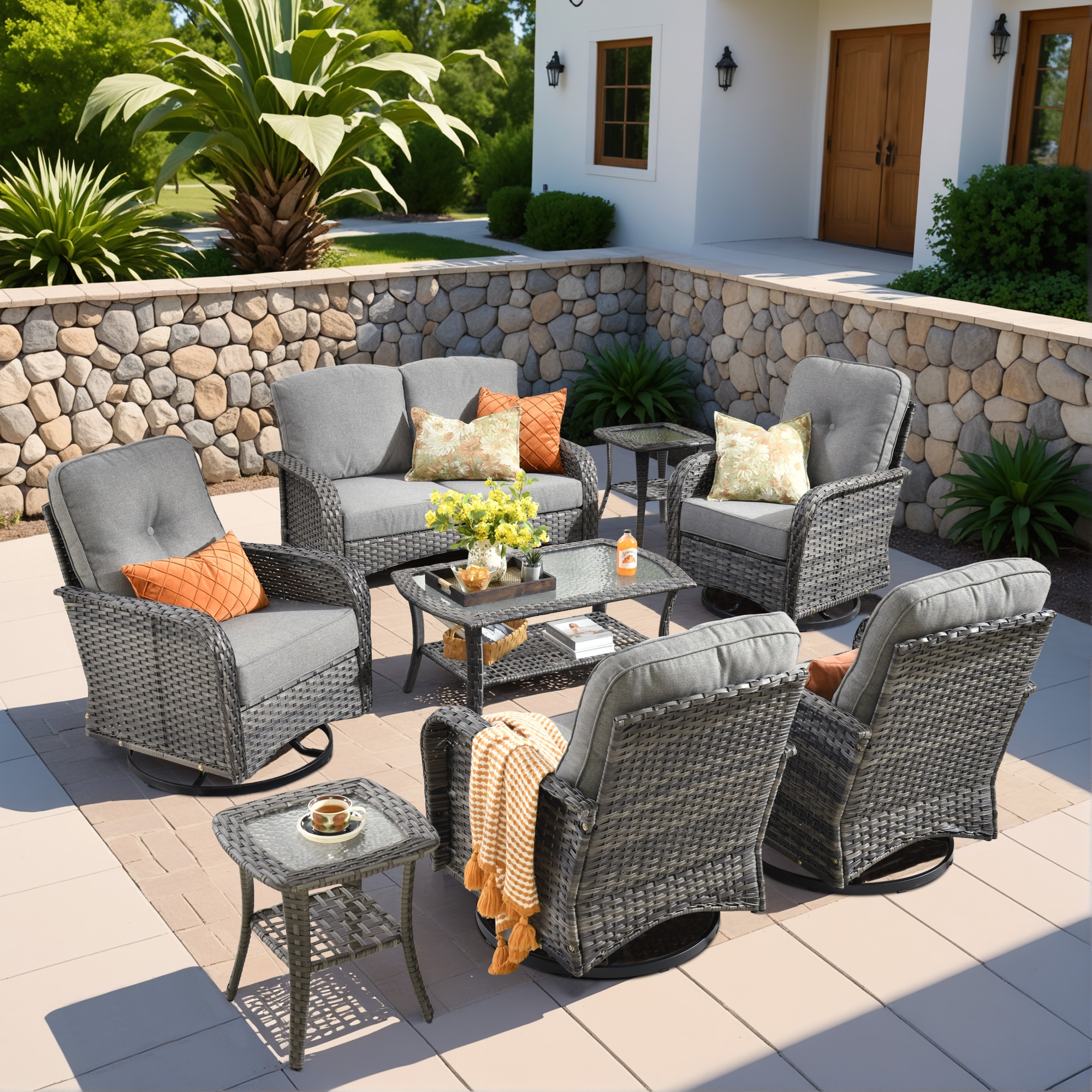 Ovios GN208Y 8 -Piece Rattan Patio Conversation Set with Dark Gray Cushions