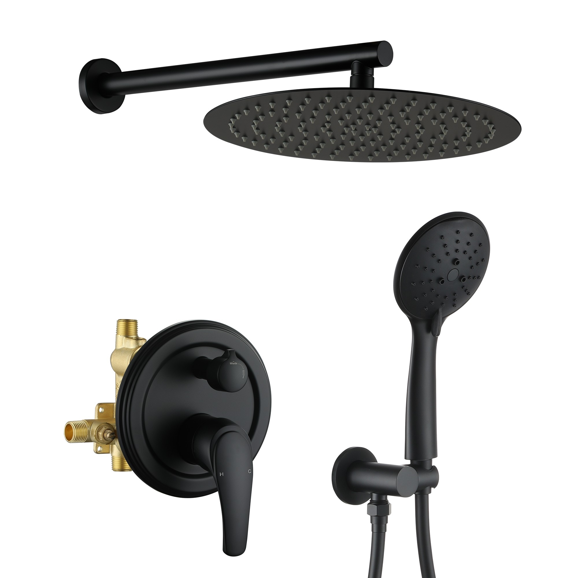 CASAINC CS3572-MB 5 Spray Patterns with 12 inch Wall Mount Shower Heads Matte Black 12-in Built-In Shower Faucet System with 5-way Diverter ( Pressure-balanced Valve Included )