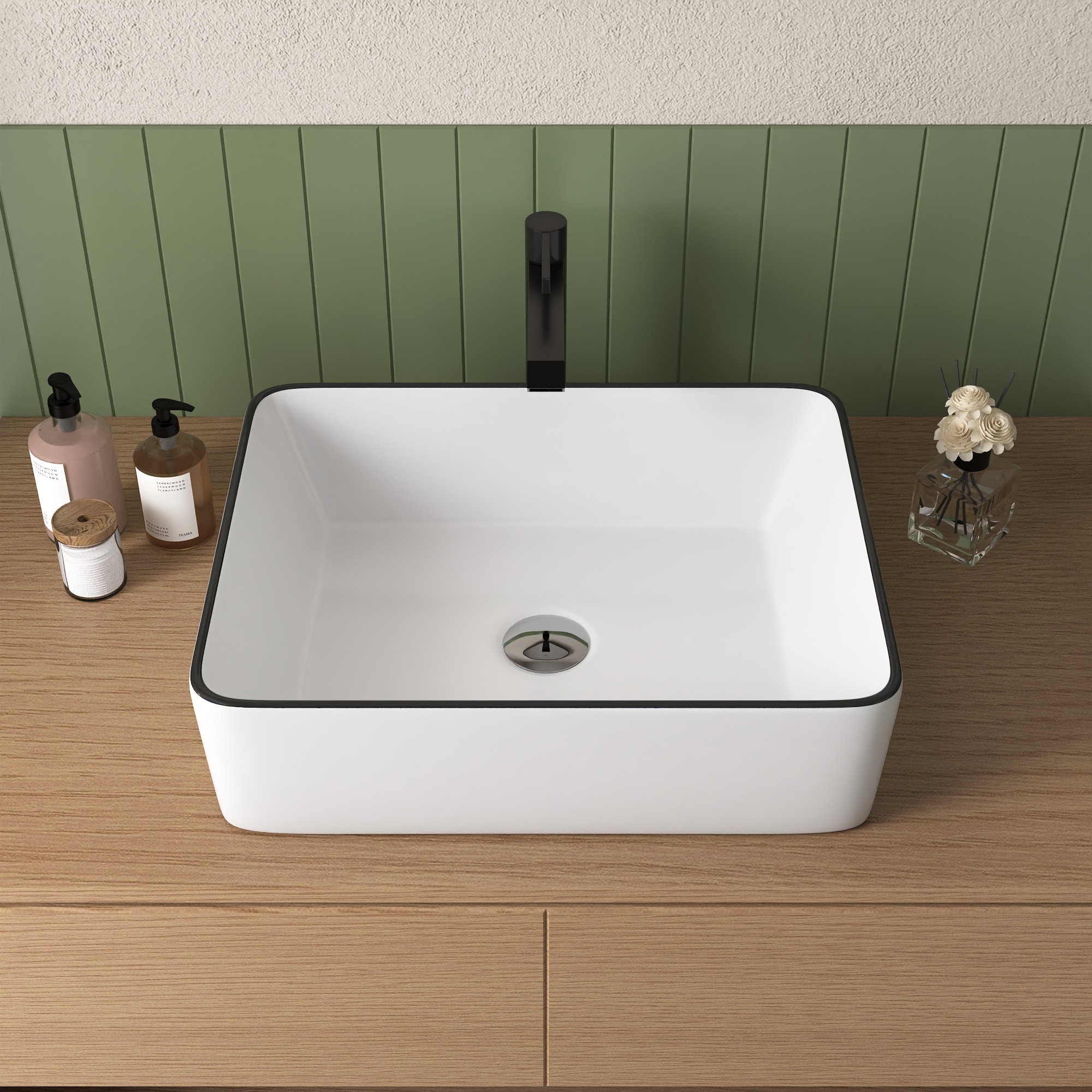 DeerValley Ally Ceramic 14.76-in Vessel Rectangular Modern White with Black Rim Bathroom Sink