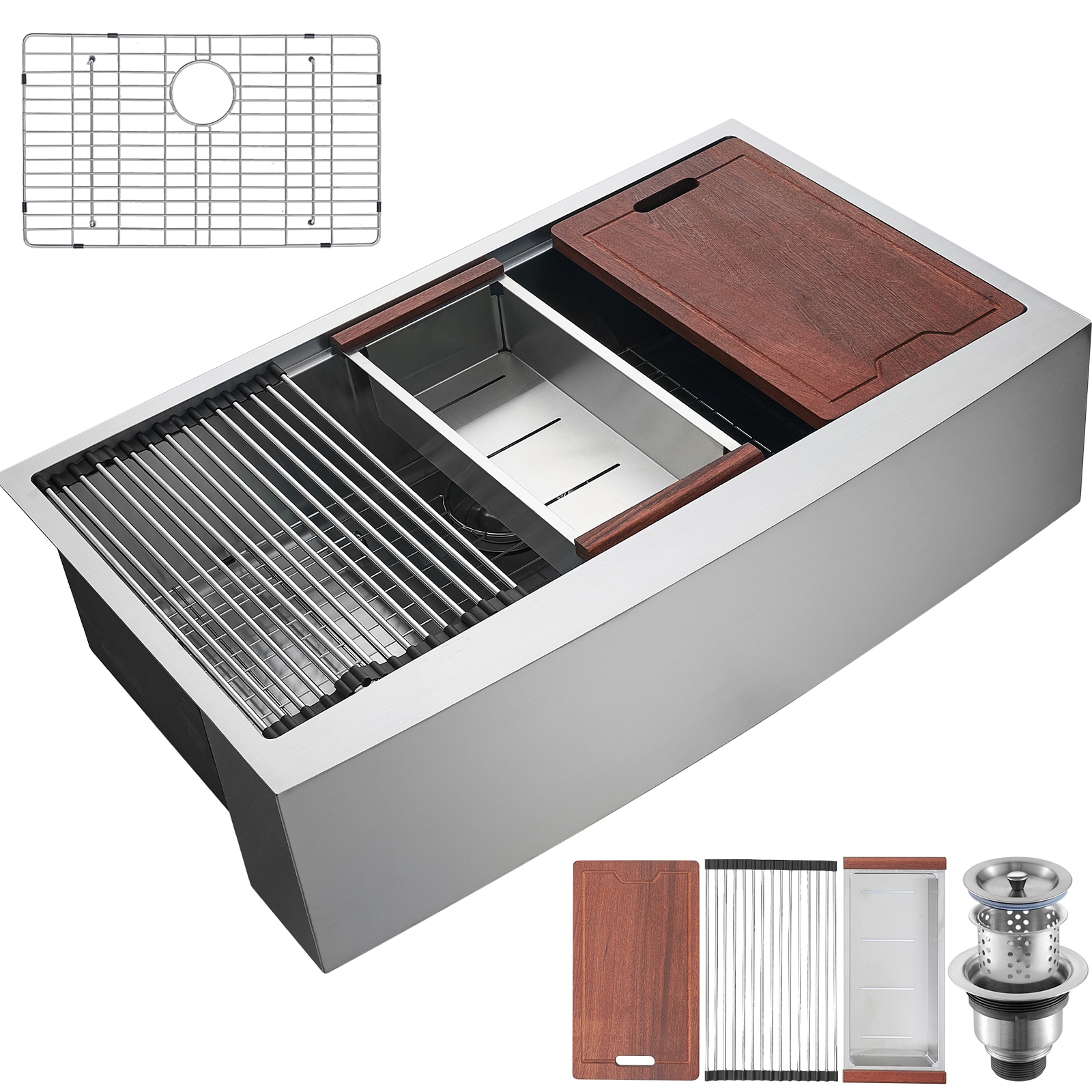 CASAINC Farmhouse apron front 36-in x 22-in Stainless steel Single bowl Workstation Kitchen Sink with Drainboard
