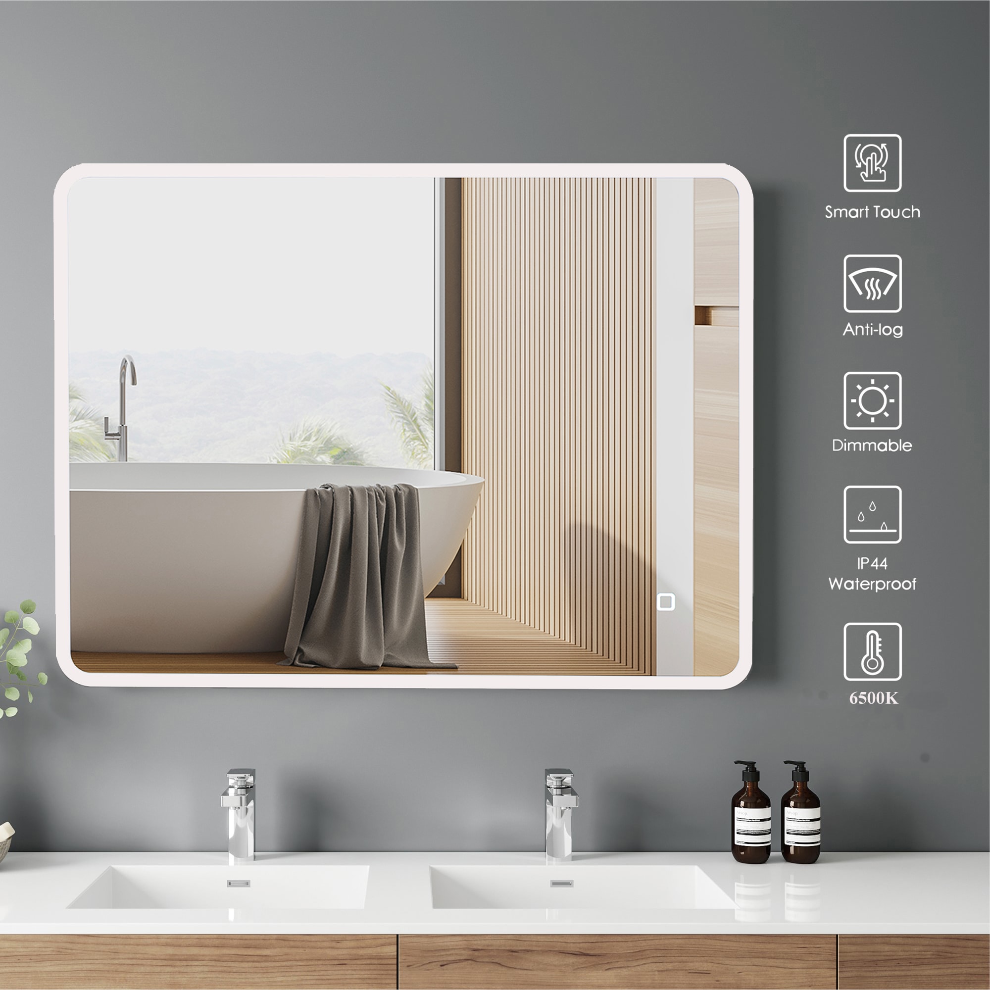 KINWELL Bathroom Mirror 31.5-in W x 23.6-in H LED Lighted White Rectangular Fog Free Frameless Bluetooth Bathroom Vanity Mirror