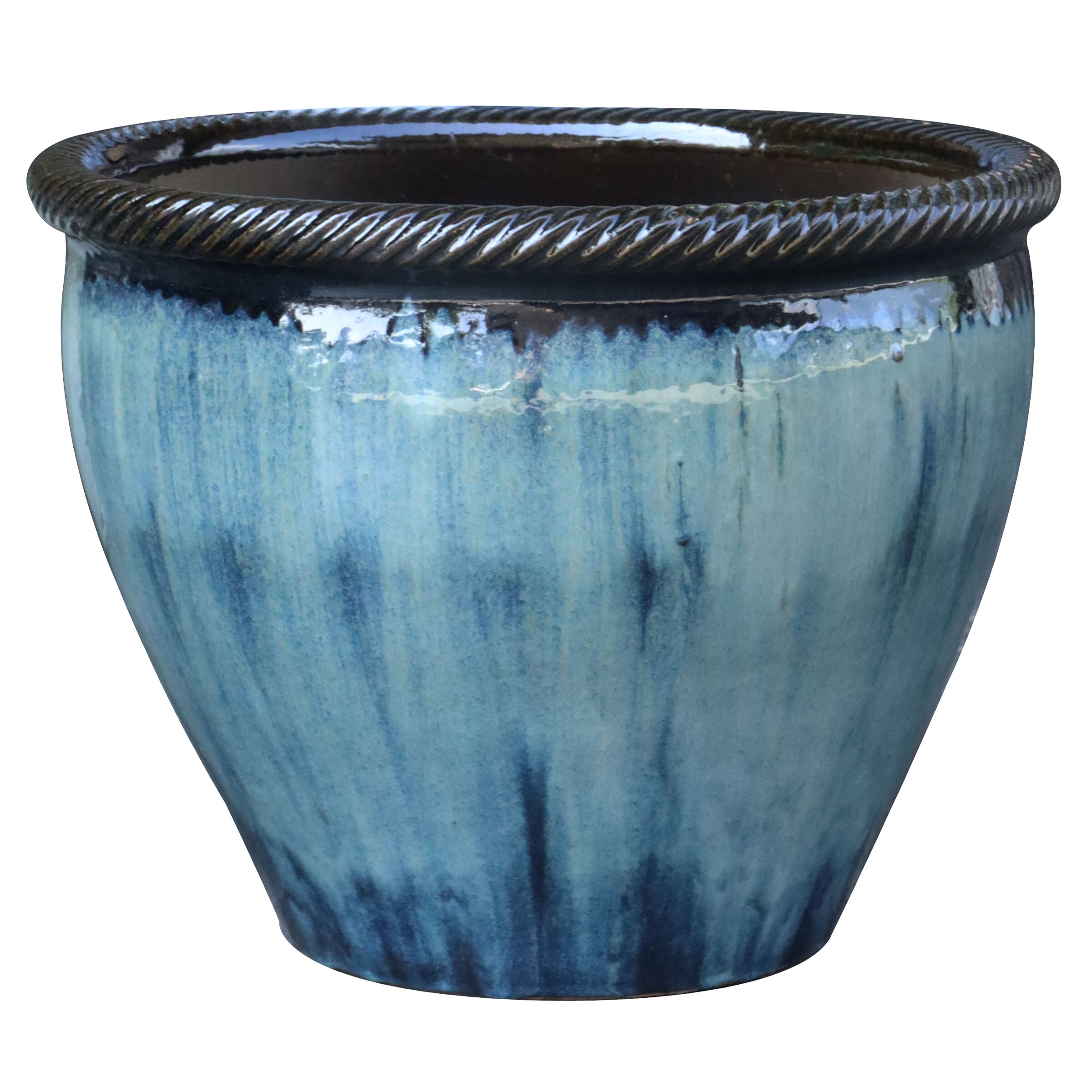 allen + roth GO2025-121 Round 7.7-in W Small Blue Glazed ceramic Indoor/Outdoor Planter with Drainage Holes