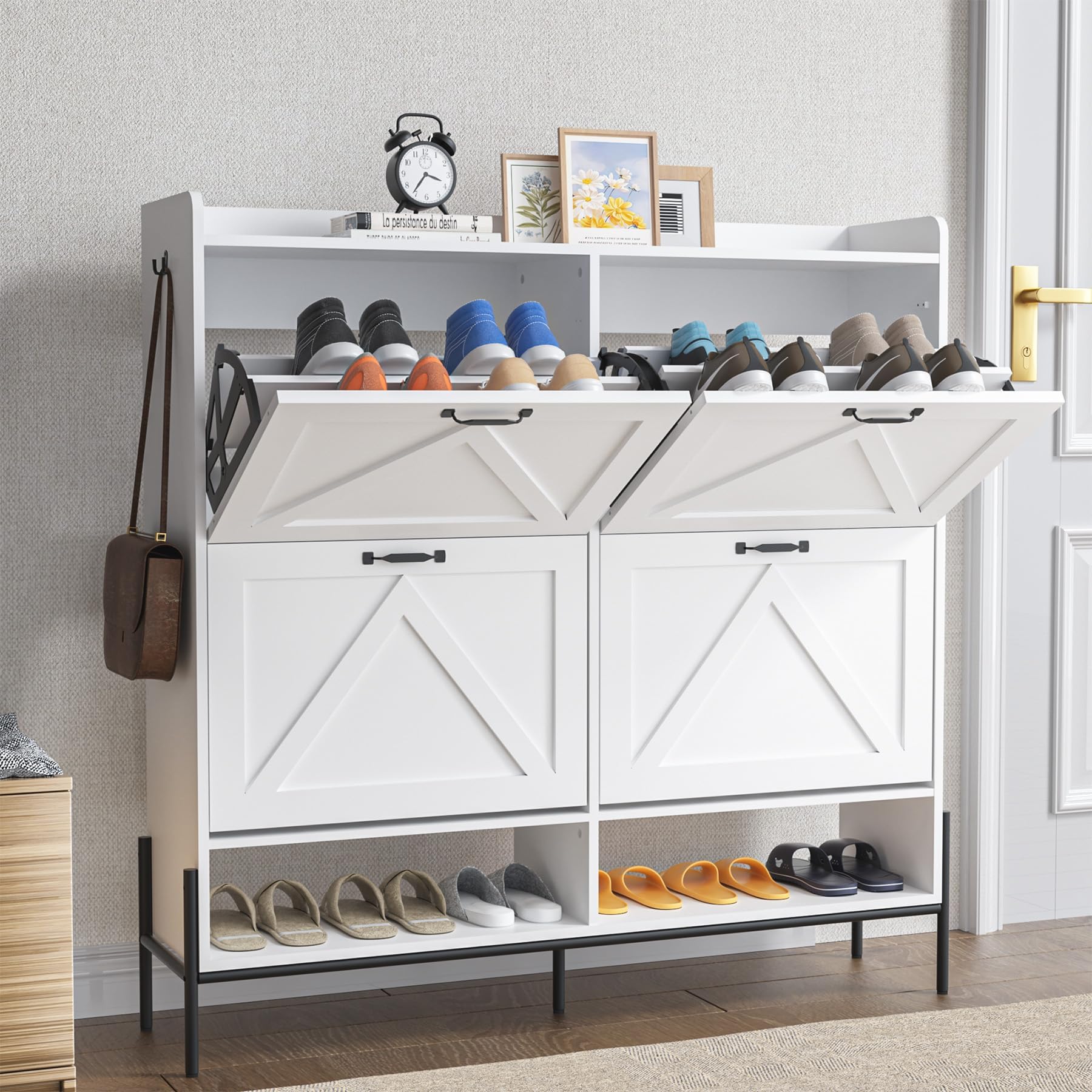 GarveeLife Shoe Cabinet with 4 Flip Drawers and Open Shelf Hidden Shoe Storage Organizer for Entryway and Living Room