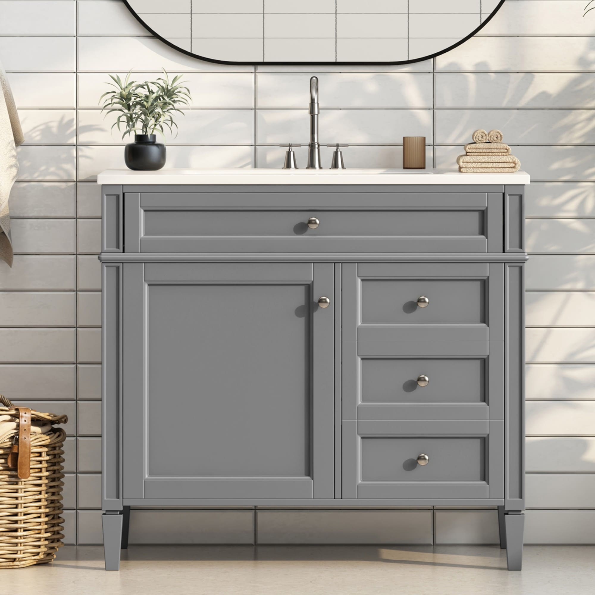 Dexmalle N710S136004E 36-in Gray Undermount Single Sink Bathroom Vanity with White Ceramic Top and Drawers