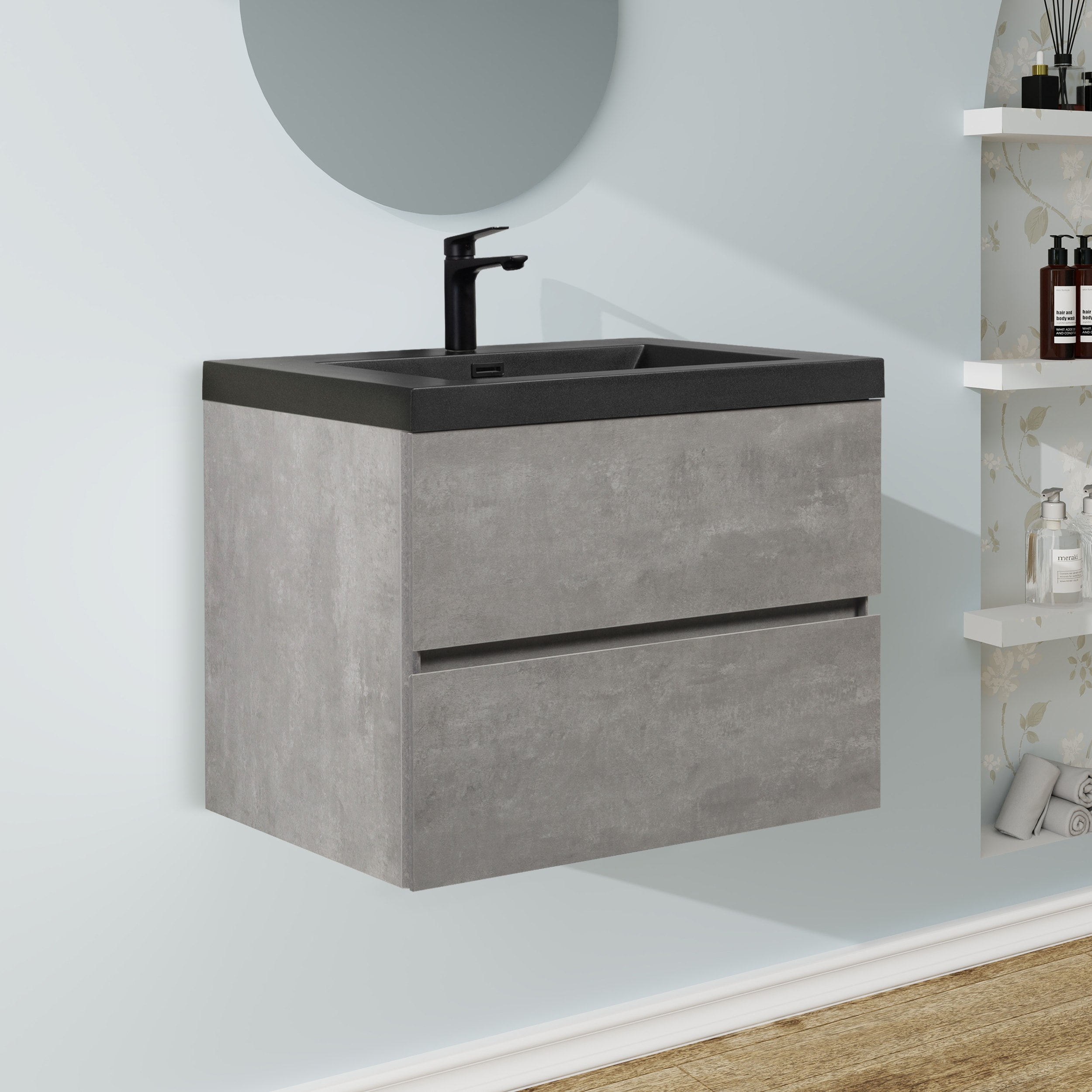 Forclover EVTO-ED30BS 30-in Gray Single Sink Floating Bathroom Vanity with Black Quartz Top