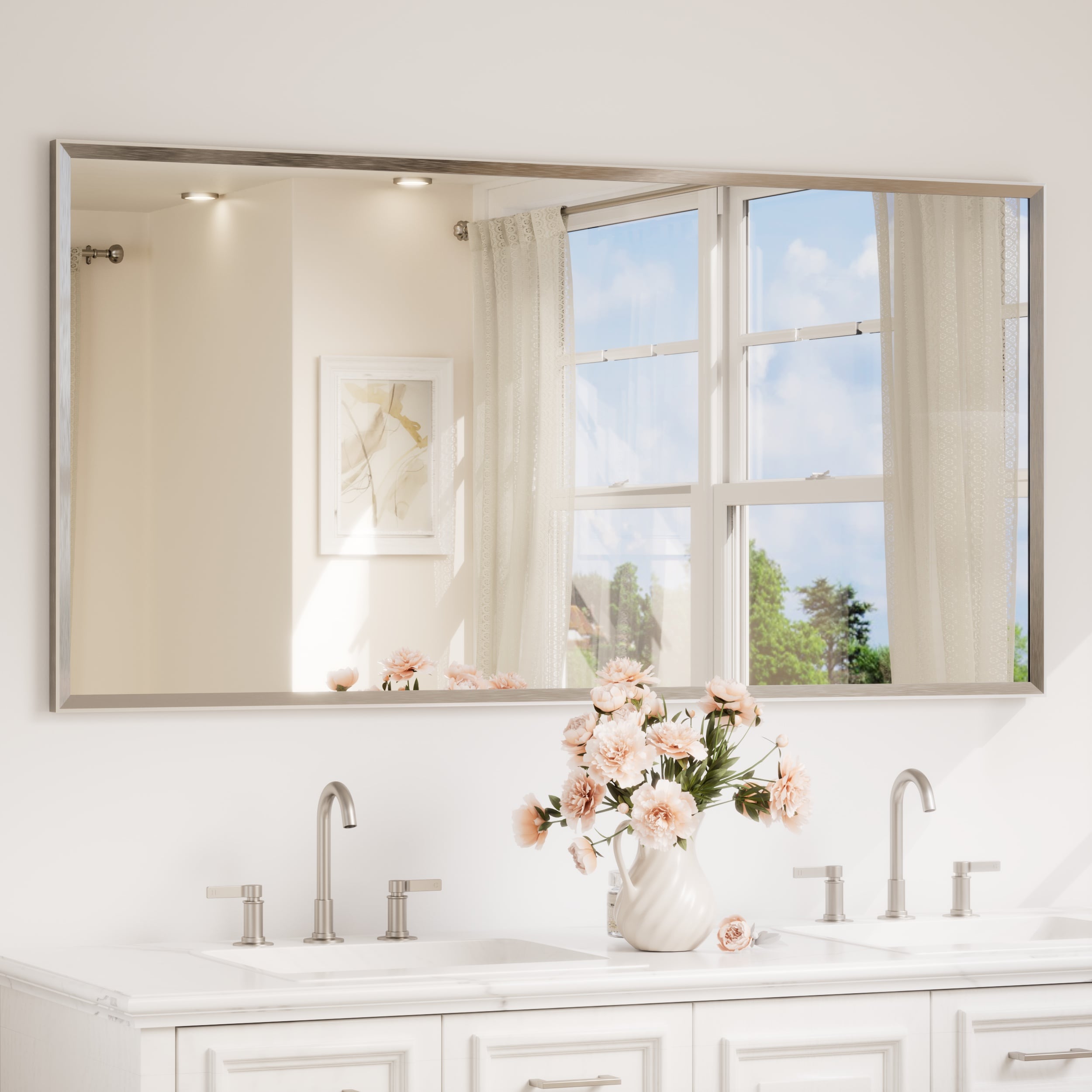 TETOTE 60x30 Inch Brushed Nickel Rectangle Beveled Framed Bathroom Vanity Mirror