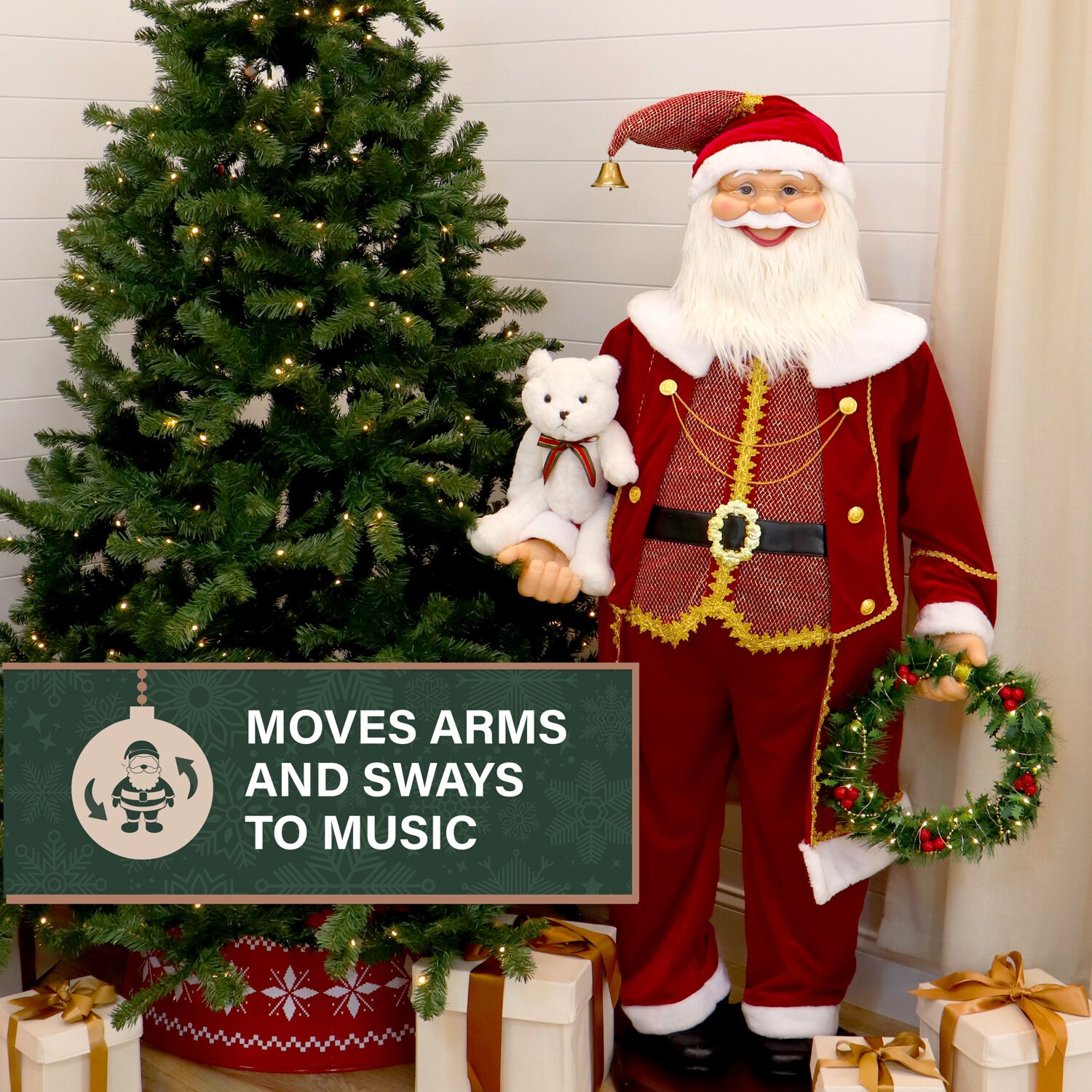 58" Red Velvet Dancing Santa with Bear and Wreath