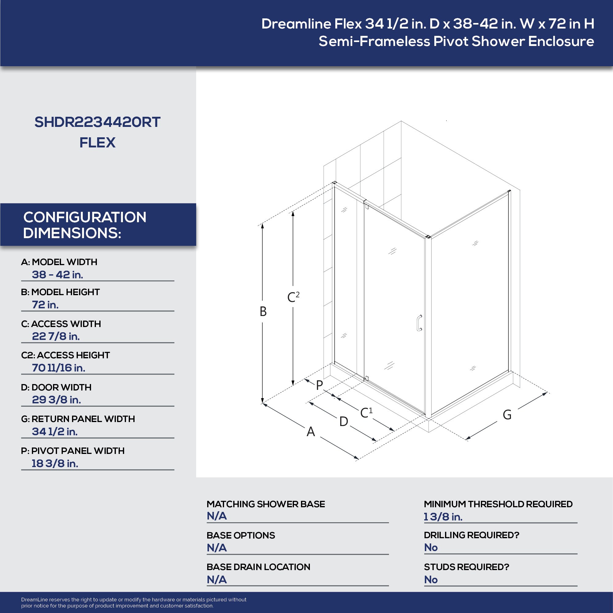 Flex Brushed Nickel Semi-Frameless Pivot Shower Enclosure with Clear Glass