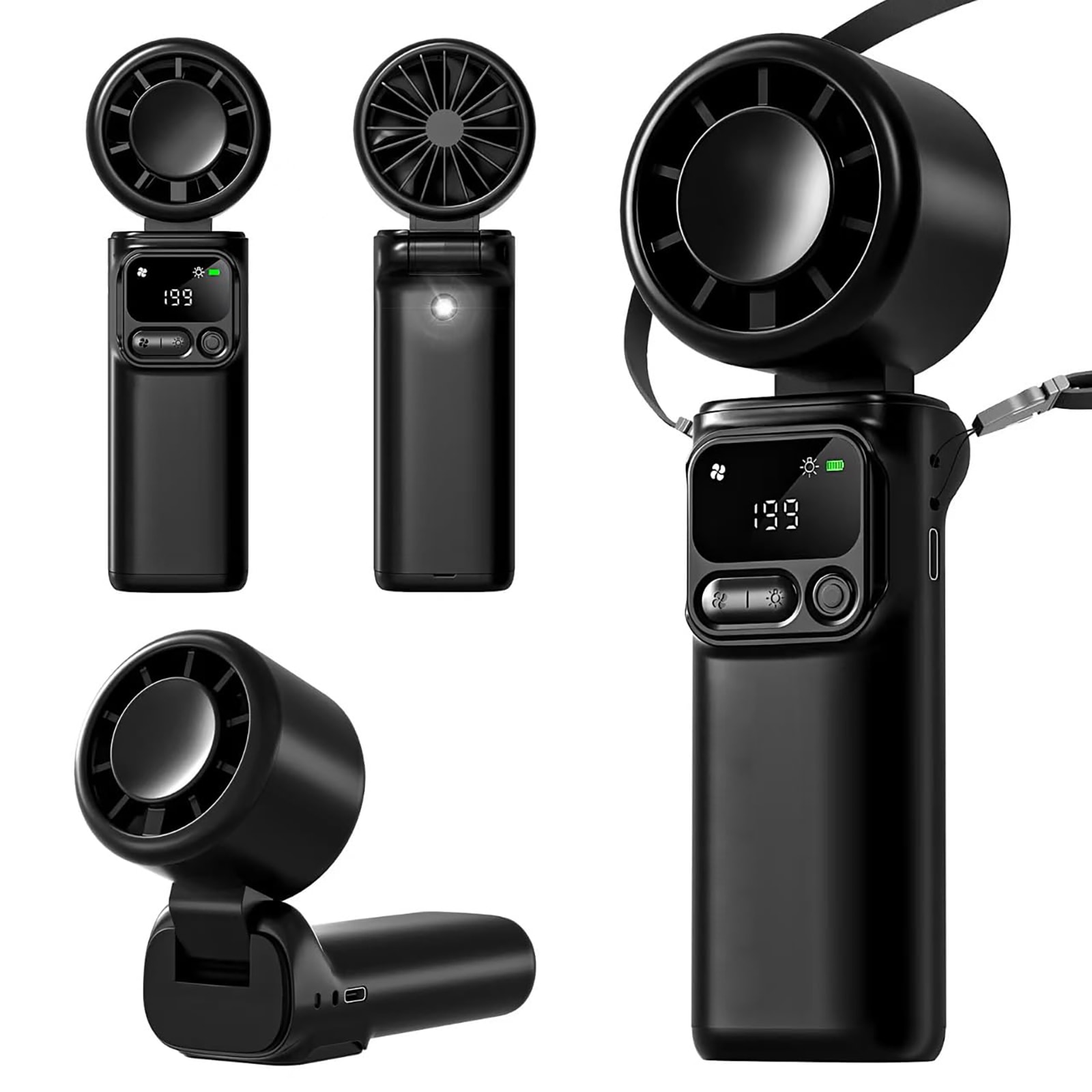 Anqtovp  Portable 3 in 1 Foldable Turbo Fan 5 Speed High Power Mini Personal Fan for Travel Beach Cruise Office Summer Cooling Black 1 Piece