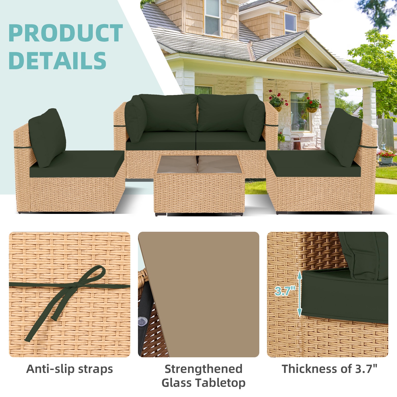 Patio Watcher 5-Piece Wicker Patio Conversation Set with Green Cushions ...