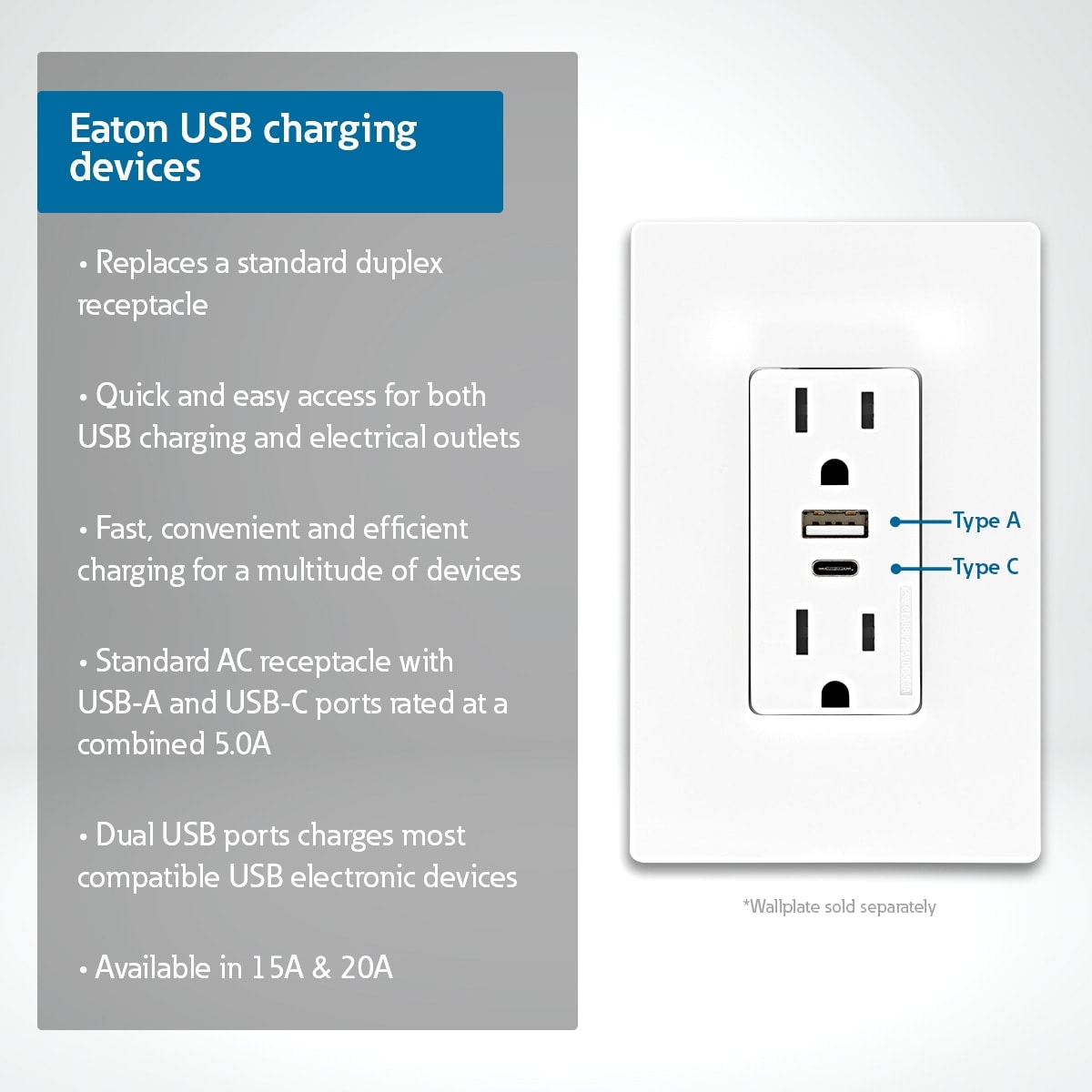 Prise de courant double Eaton avec prises USB de type A et C, 15 A et 5 A,  blanche TRUSBAC15W-K-L