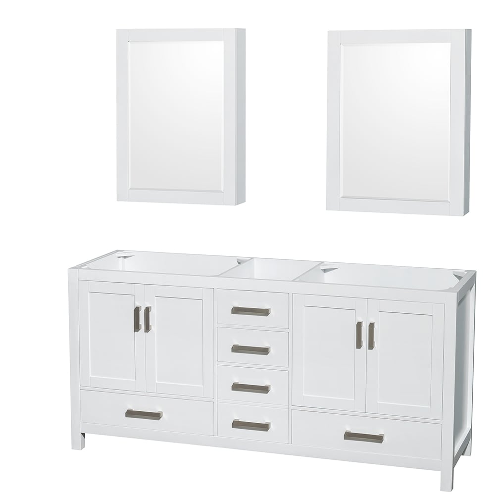 Wyndham Collection WCS141472DWHCXSXXMED Sheffield 72-in White with Brushed Chrome Trim Bathroom Vanity Base Cabinet without Top (Mirror Included) (Medicine Cabinet Included)