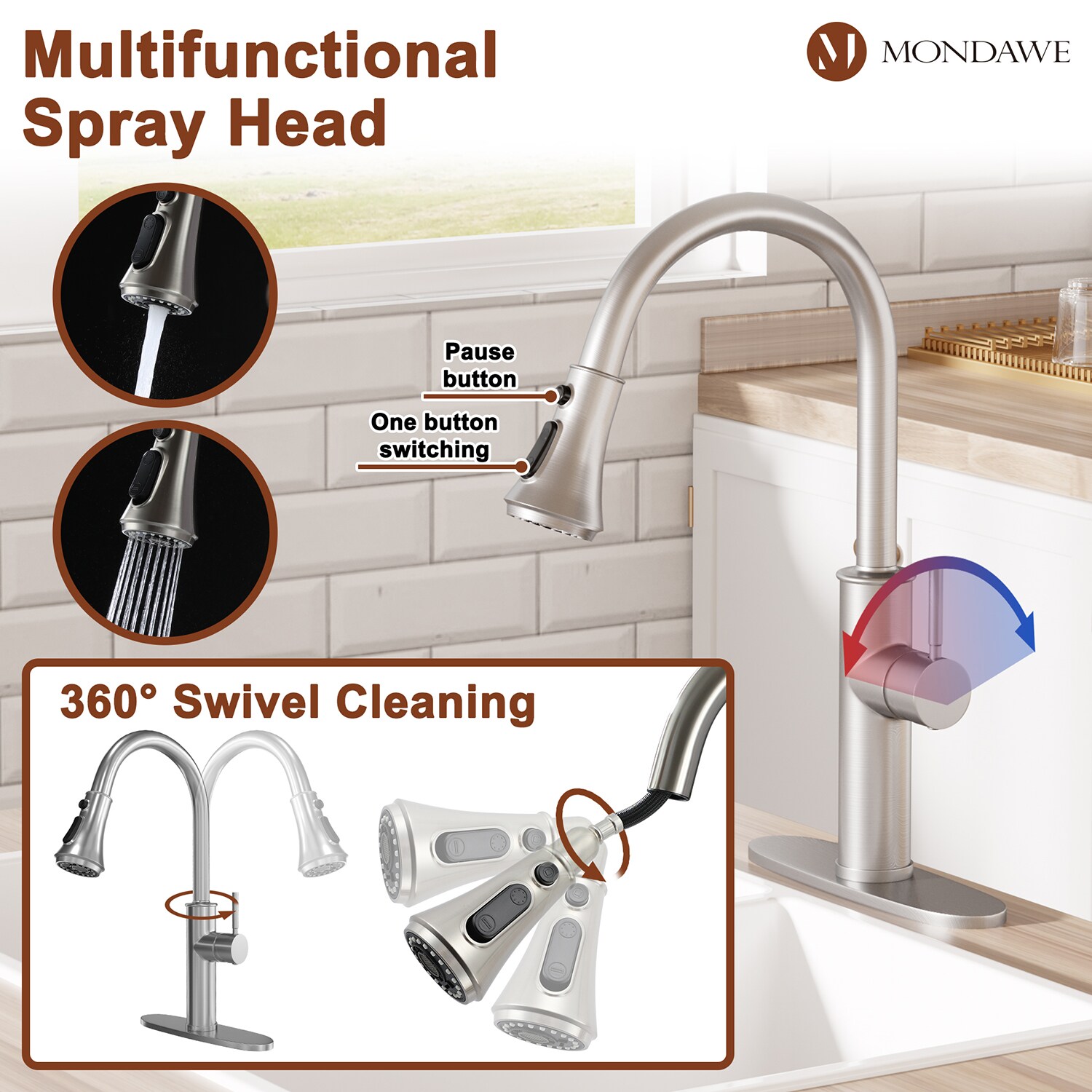 Brushed Nickel Single Handle Pull-down Kitchen Faucet with Sprayer (Deck Plate Included) Stainless Steel | - Mondawe AM-K163A-BN